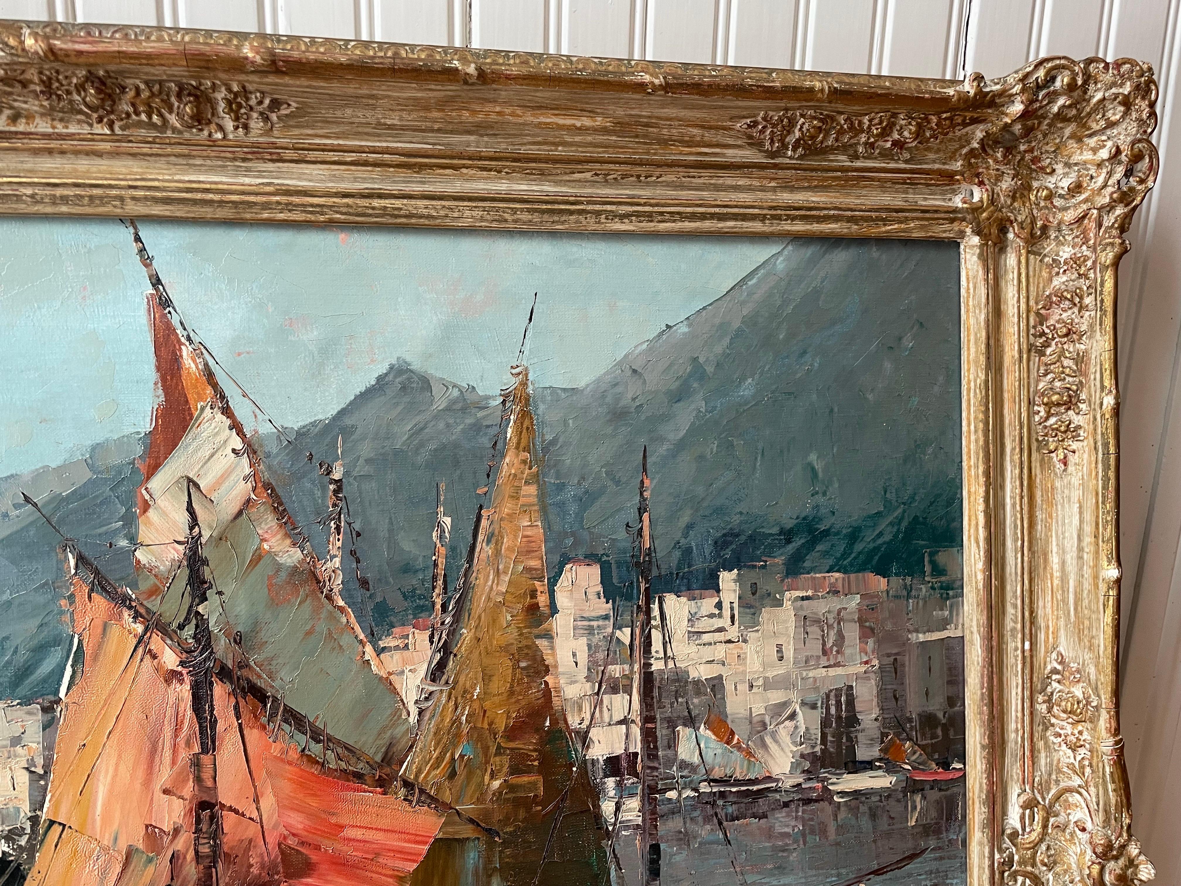 oil painting “Mediterranean Harbor” by Wolfgang Herzog. Newcomb Macklin frame For Sale 1