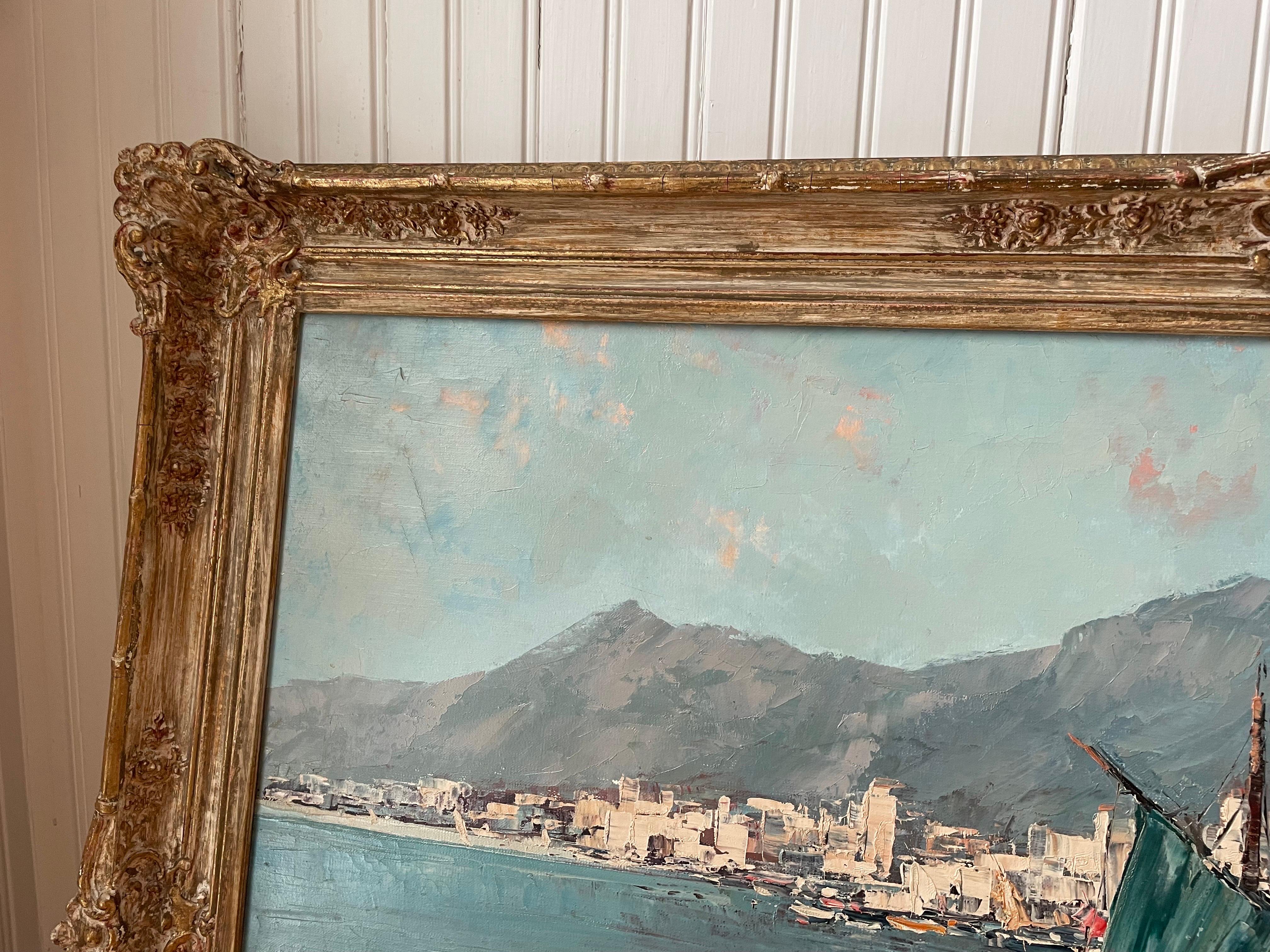 oil painting “Mediterranean Harbor” by Wolfgang Herzog. Newcomb Macklin frame For Sale 2