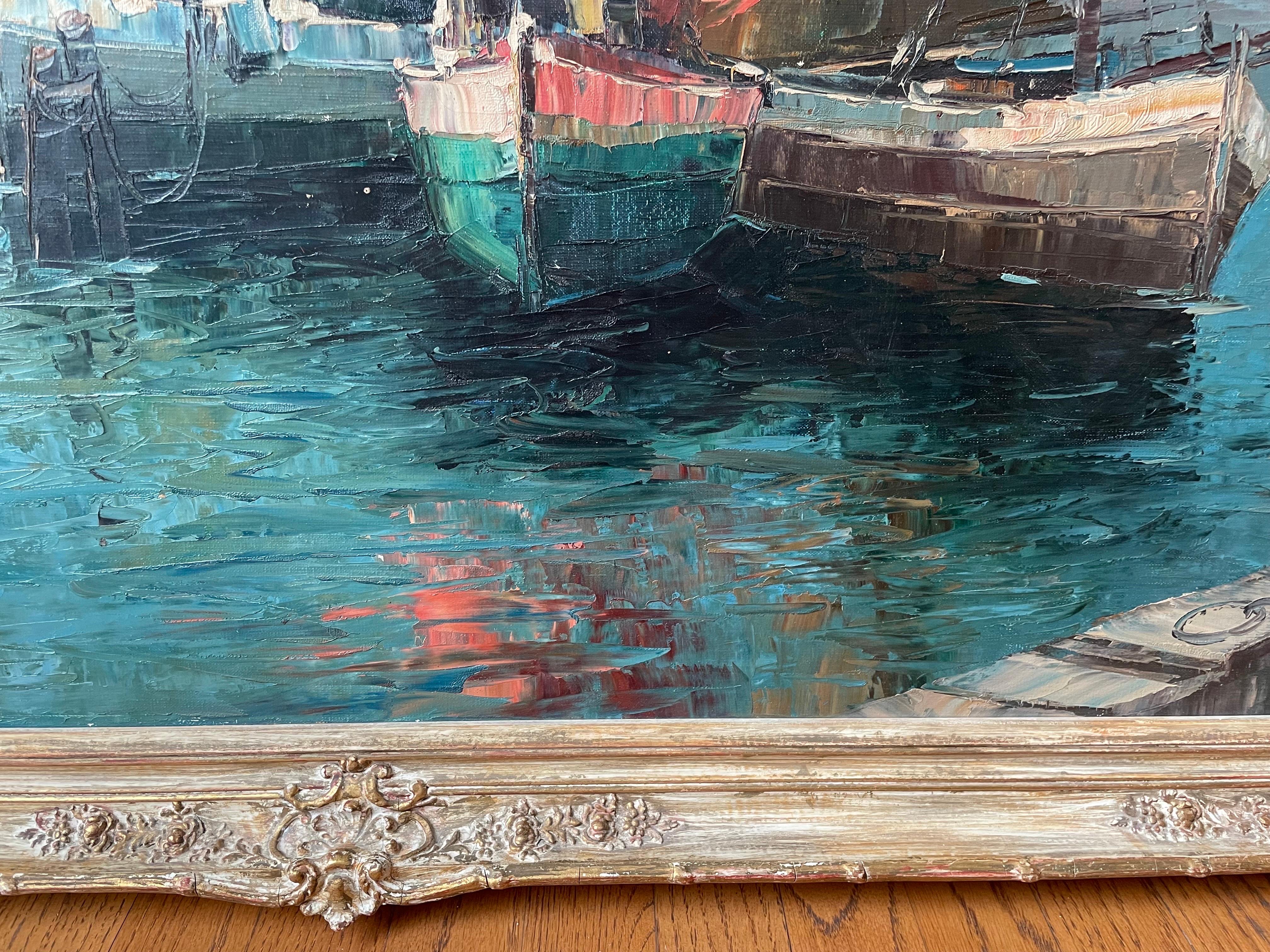oil painting “Mediterranean Harbor” by Wolfgang Herzog. Newcomb Macklin frame For Sale 4