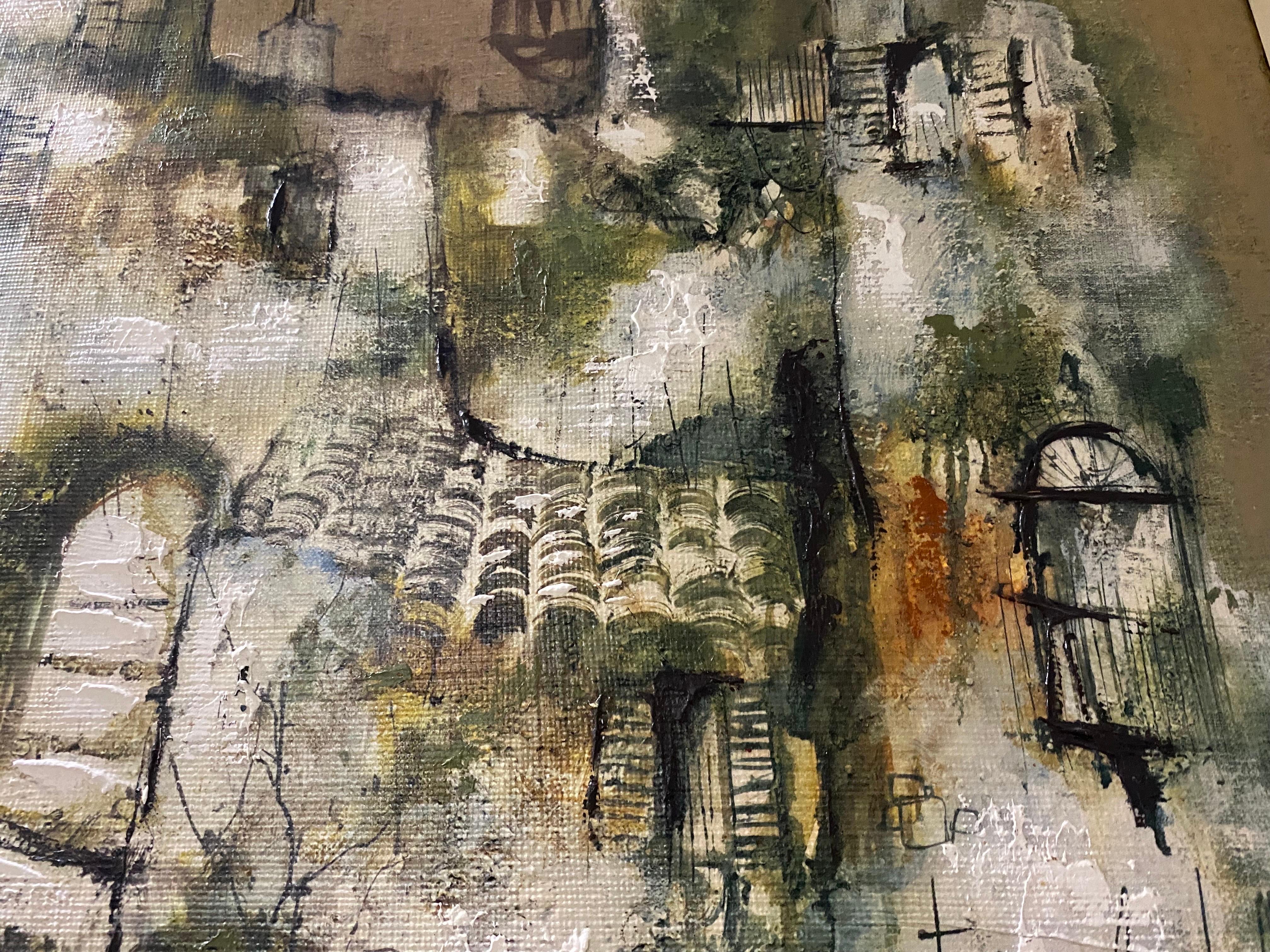 Oil Painting Mediterranean Village with Original Frame, Ibiza, 1970 In Good Condition For Sale In La xara, VC
