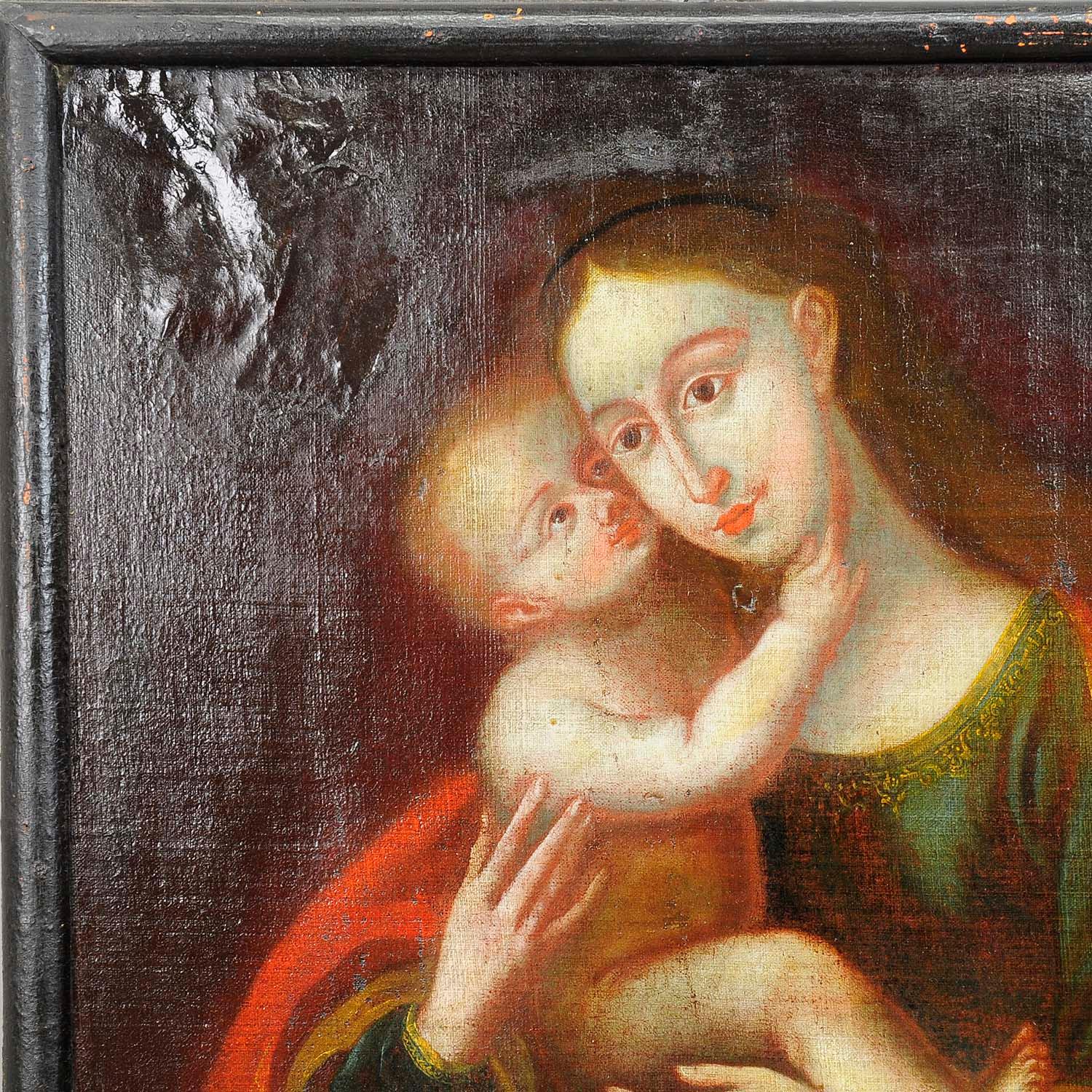 An antique oil painting depicting the holy Mother with Child named the Miraculous Image of Insbruck. Oil on canvas with pastell colors. Painted after a painting of Lucas Cranach which is part of the altar in the cathedral of Insbruck. Framed with