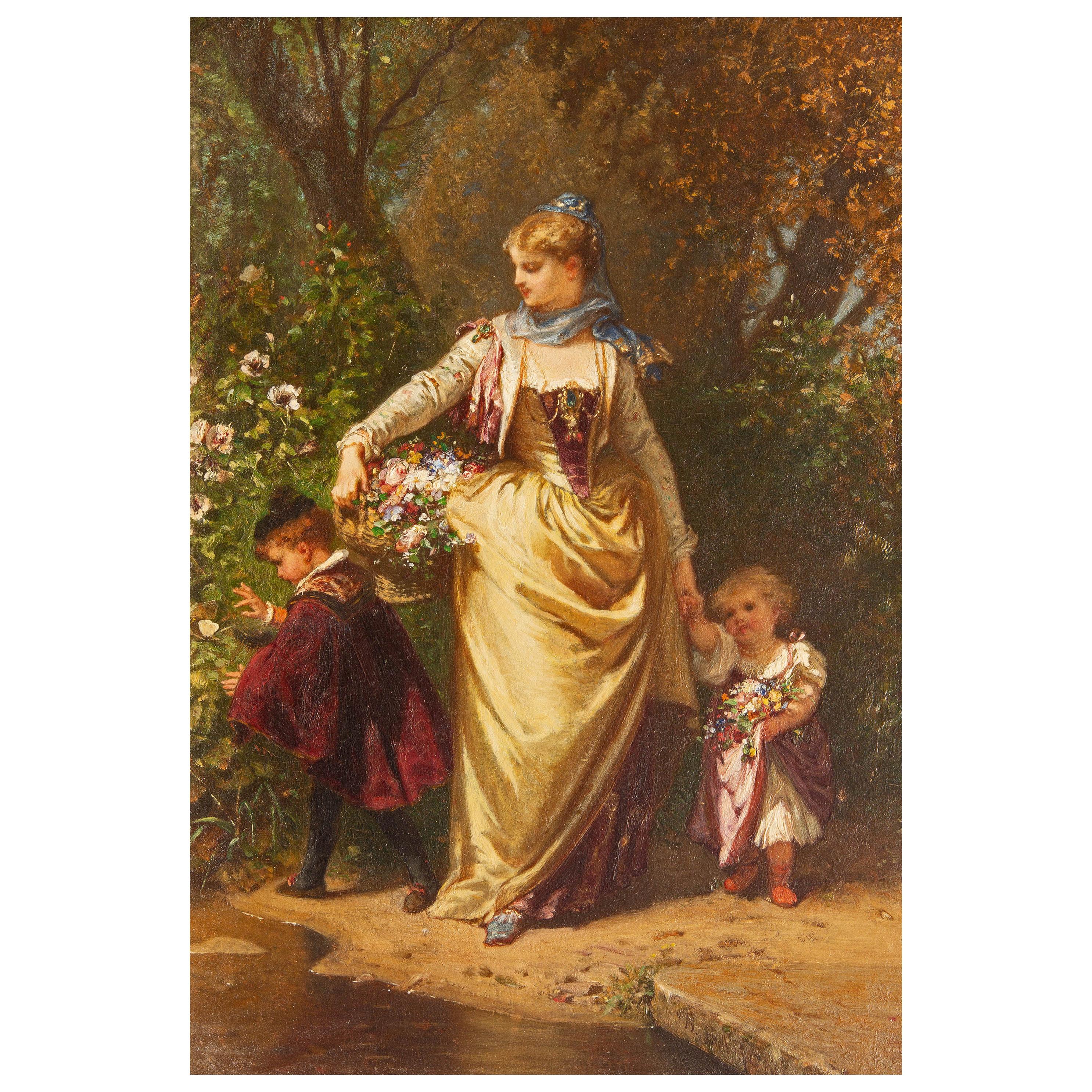 Oil Painting Mother and Children in the Garden by Henri Baron