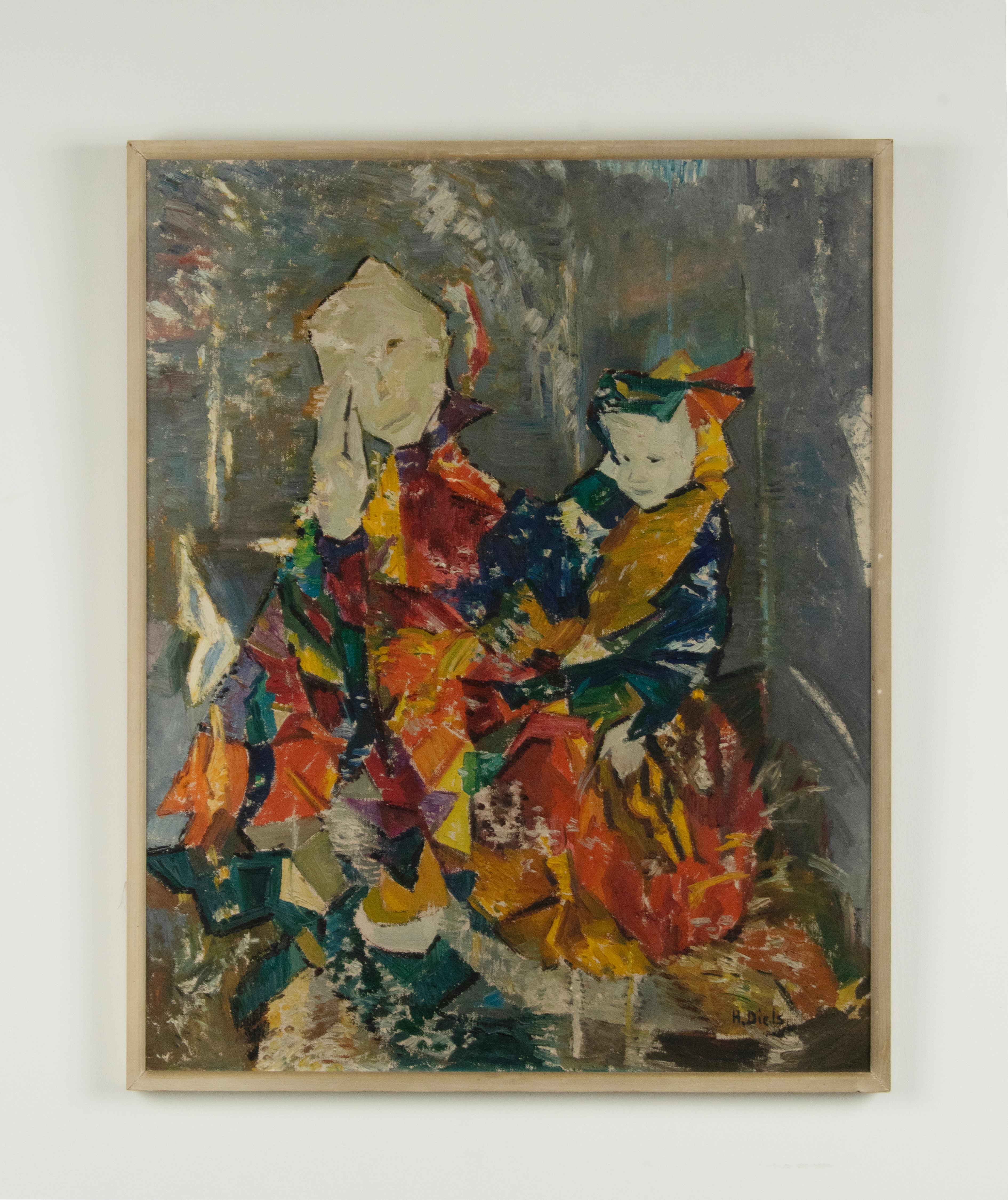 A beautiful Mid-Century Modern oil painting by the Flemish artist Herman Diels.
The painting depicts a mother with child. The use of color and the angular shapes are striking.
The painting is in good condition. It is framed in a simple pinewood