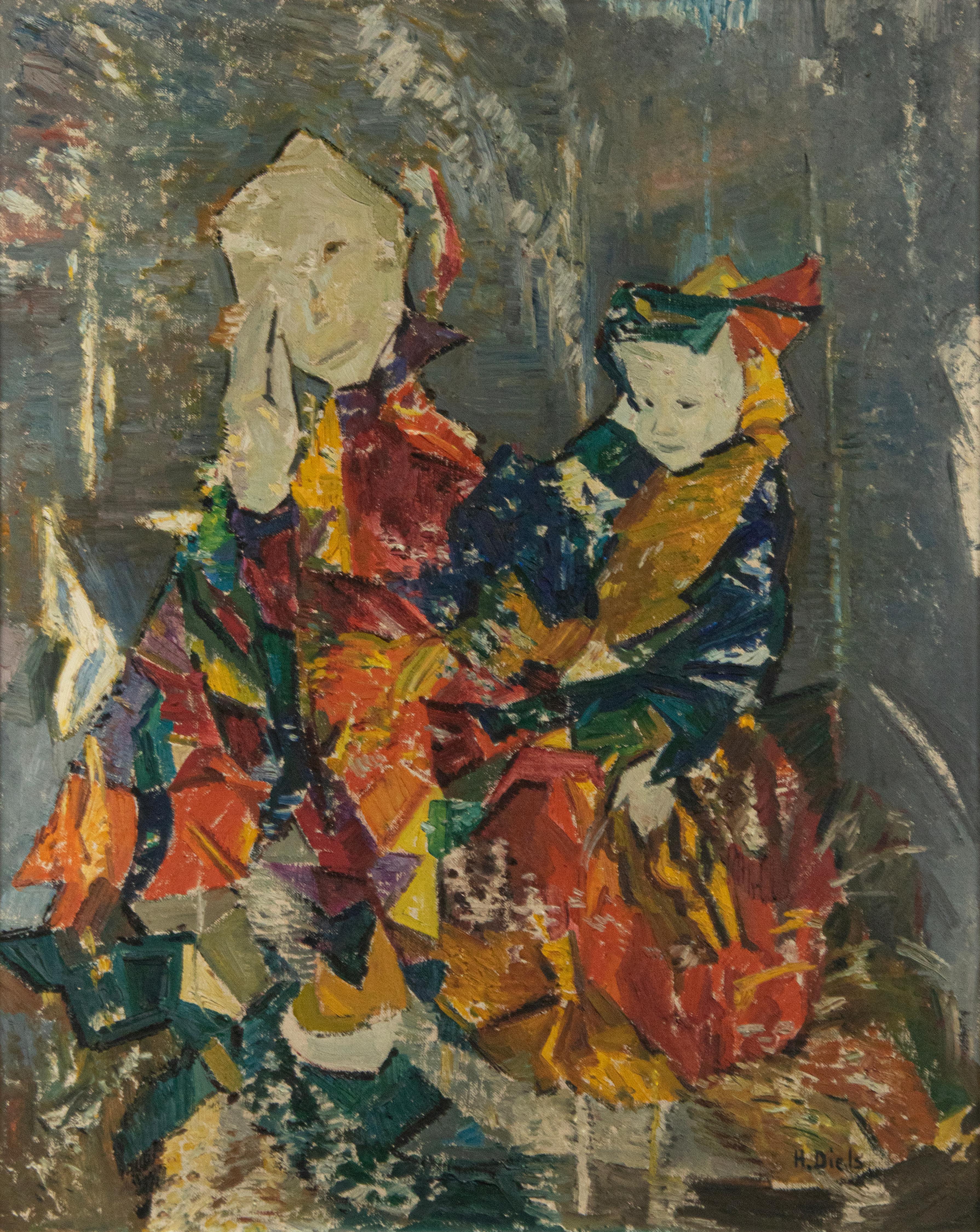 Mid-Century Modern Oil Painting Mother with Child by Herman Diels