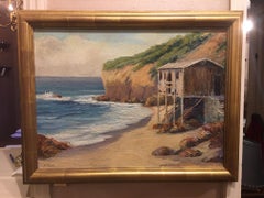 Oil Painting "Oceanscape with Beach Bungalow" Signed H. Rosa, circa 1920-1940