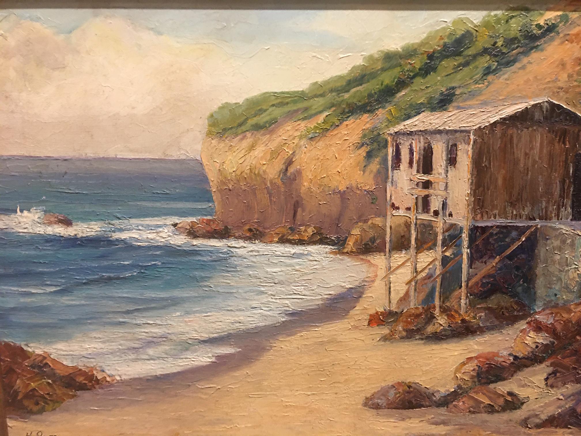 Américain Peinture à l'huile « Paysage marin avec Bungalow de plage » signée H. Rosa:: vers 1920-1940 en vente