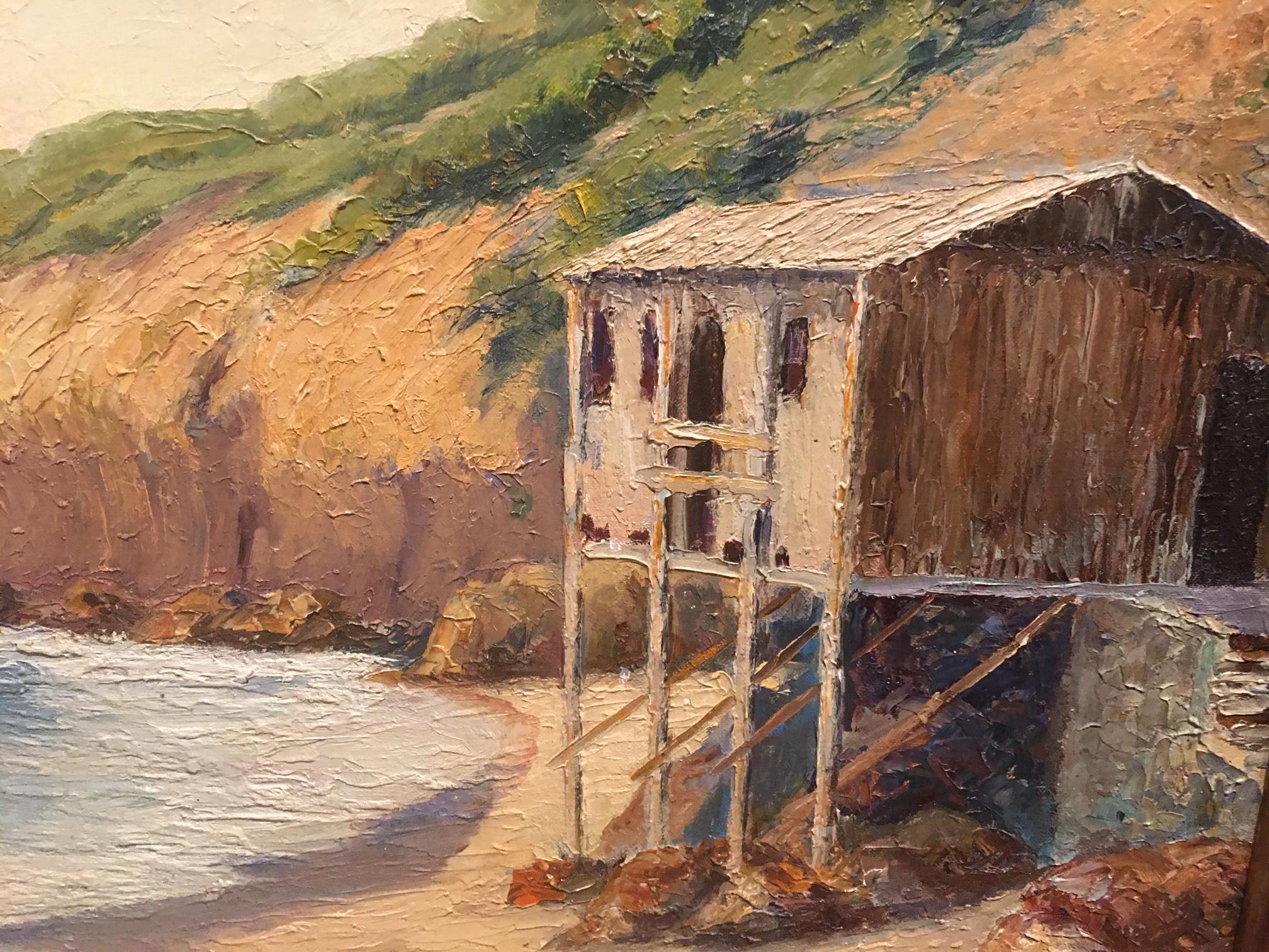 Peinture à l'huile « Paysage marin avec Bungalow de plage » signée H. Rosa:: vers 1920-1940 Bon état - En vente à Savannah, GA
