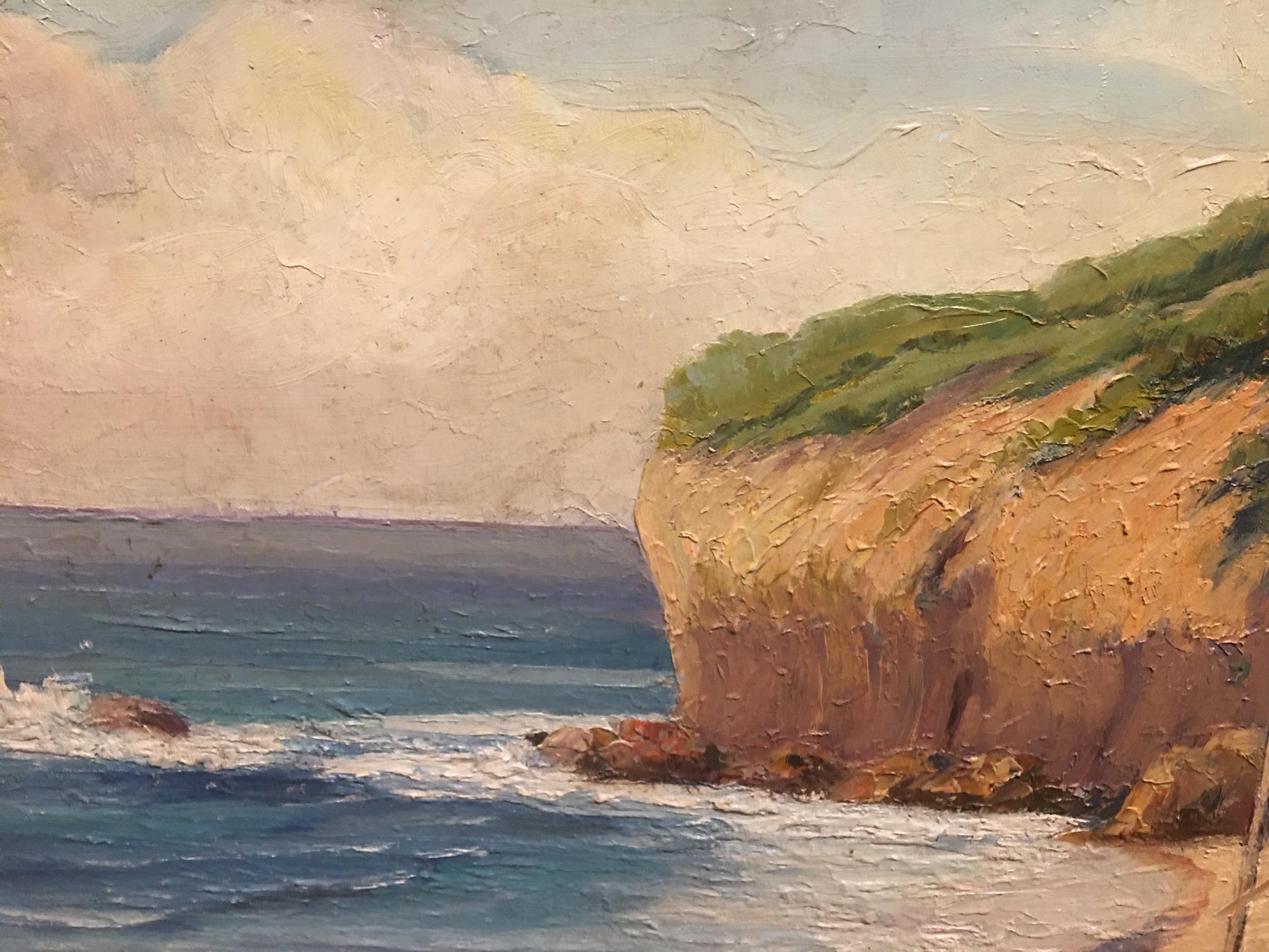 Toile Peinture à l'huile « Paysage marin avec Bungalow de plage » signée H. Rosa:: vers 1920-1940 en vente