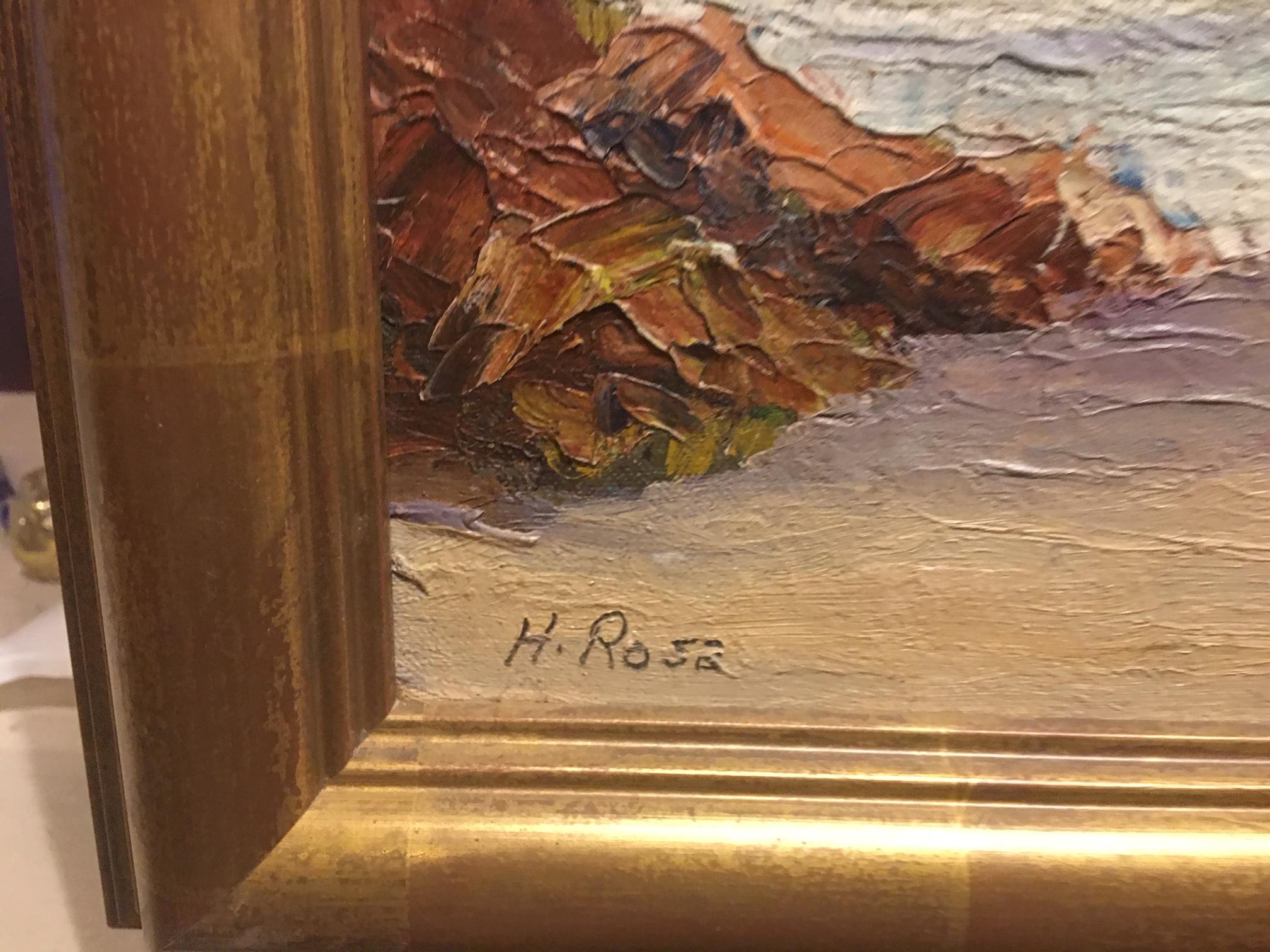 Peinture à l'huile « Paysage marin avec Bungalow de plage » signée H. Rosa:: vers 1920-1940 en vente 1