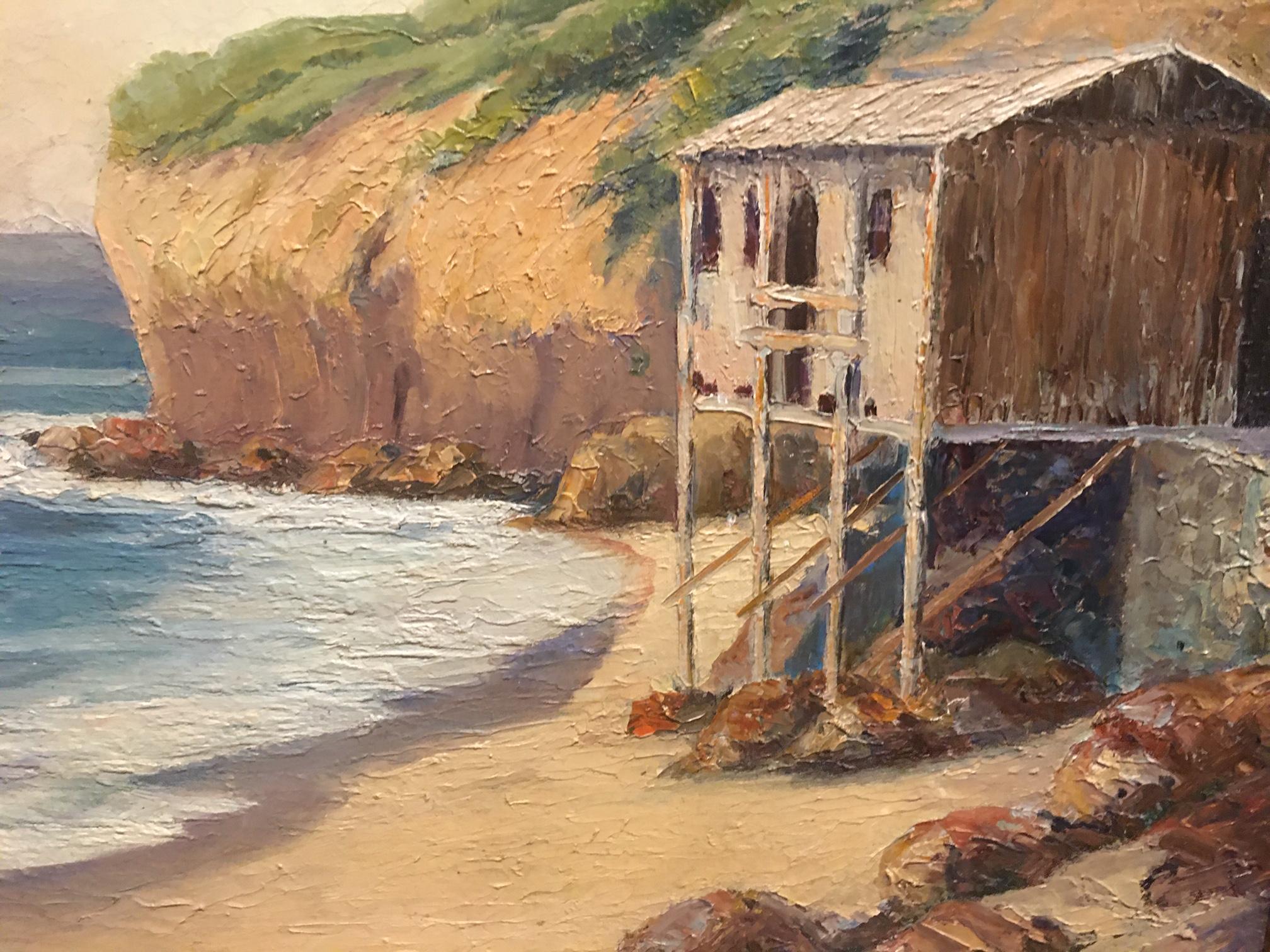 Peinture à l'huile « Paysage marin avec Bungalow de plage » signée H. Rosa:: vers 1920-1940 en vente 3