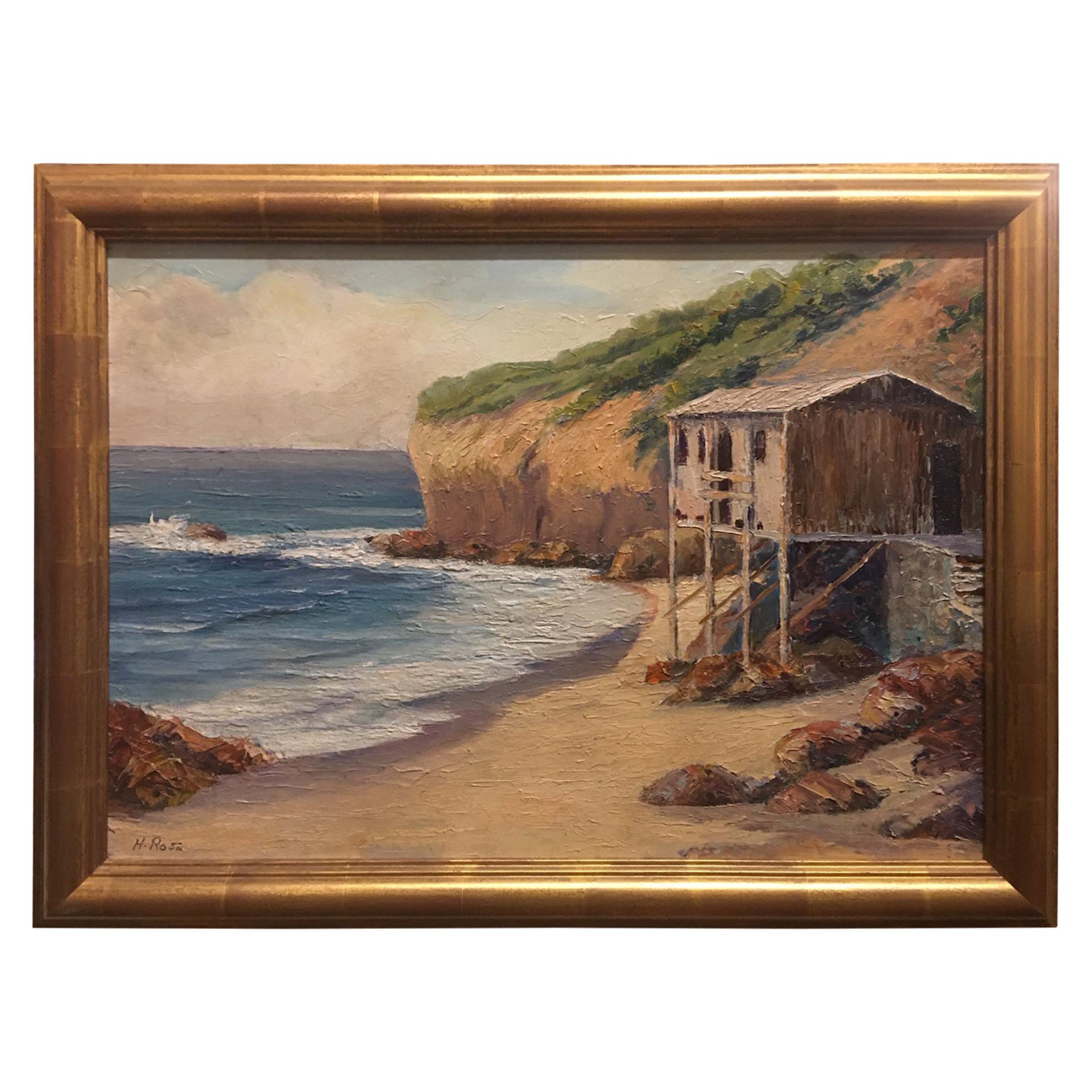 Oil Painting "Oceanscape with Beach Bungalow" Signed H. Rosa, circa 1920-1940 For Sale