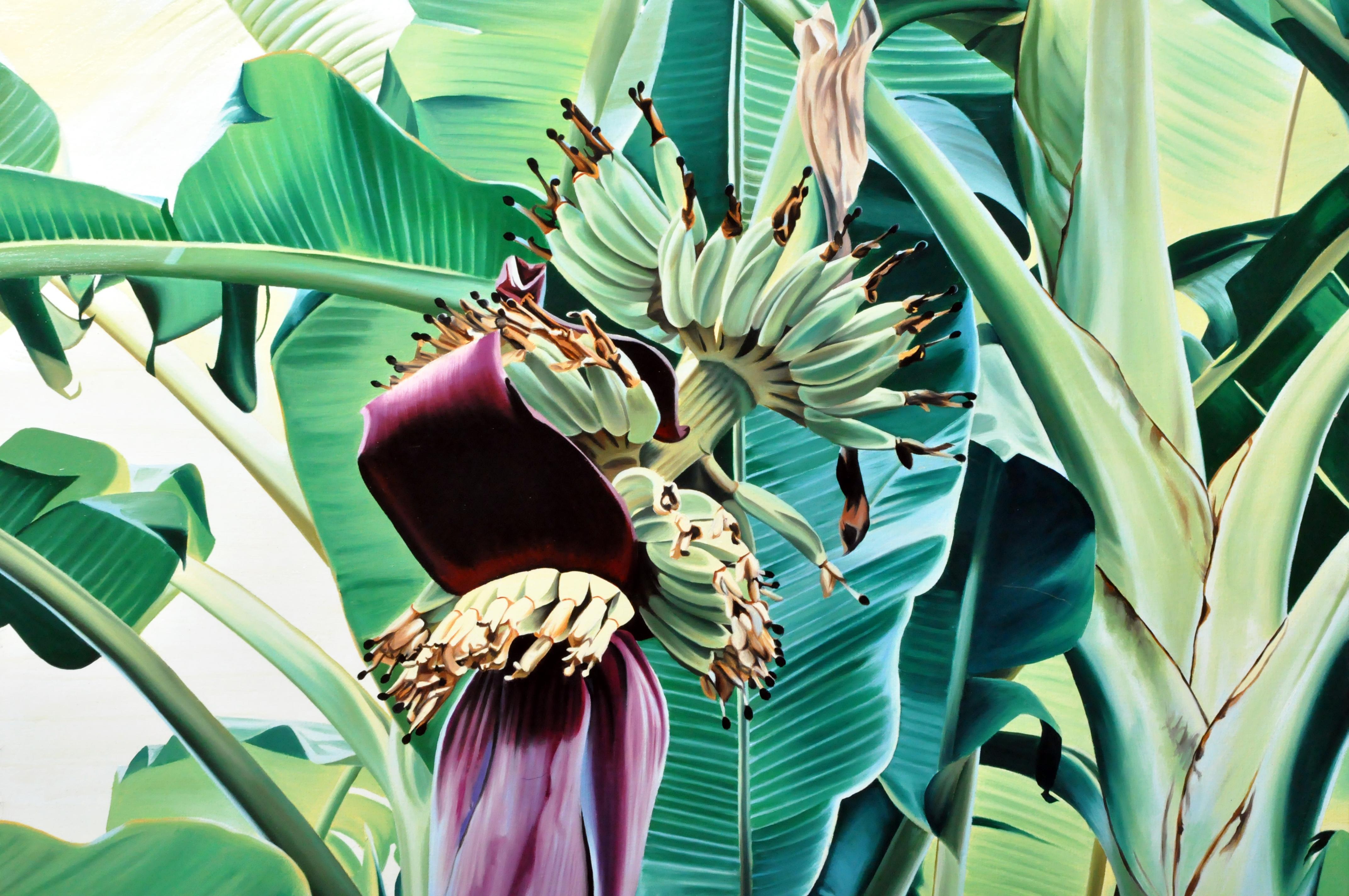 Hand-Painted Oil Painting of a Banana Tree in Blossom For Sale