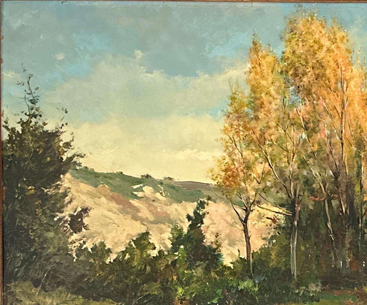 Art Deco Oil Painting of a Beautiful Landscape with a Lake For Sale