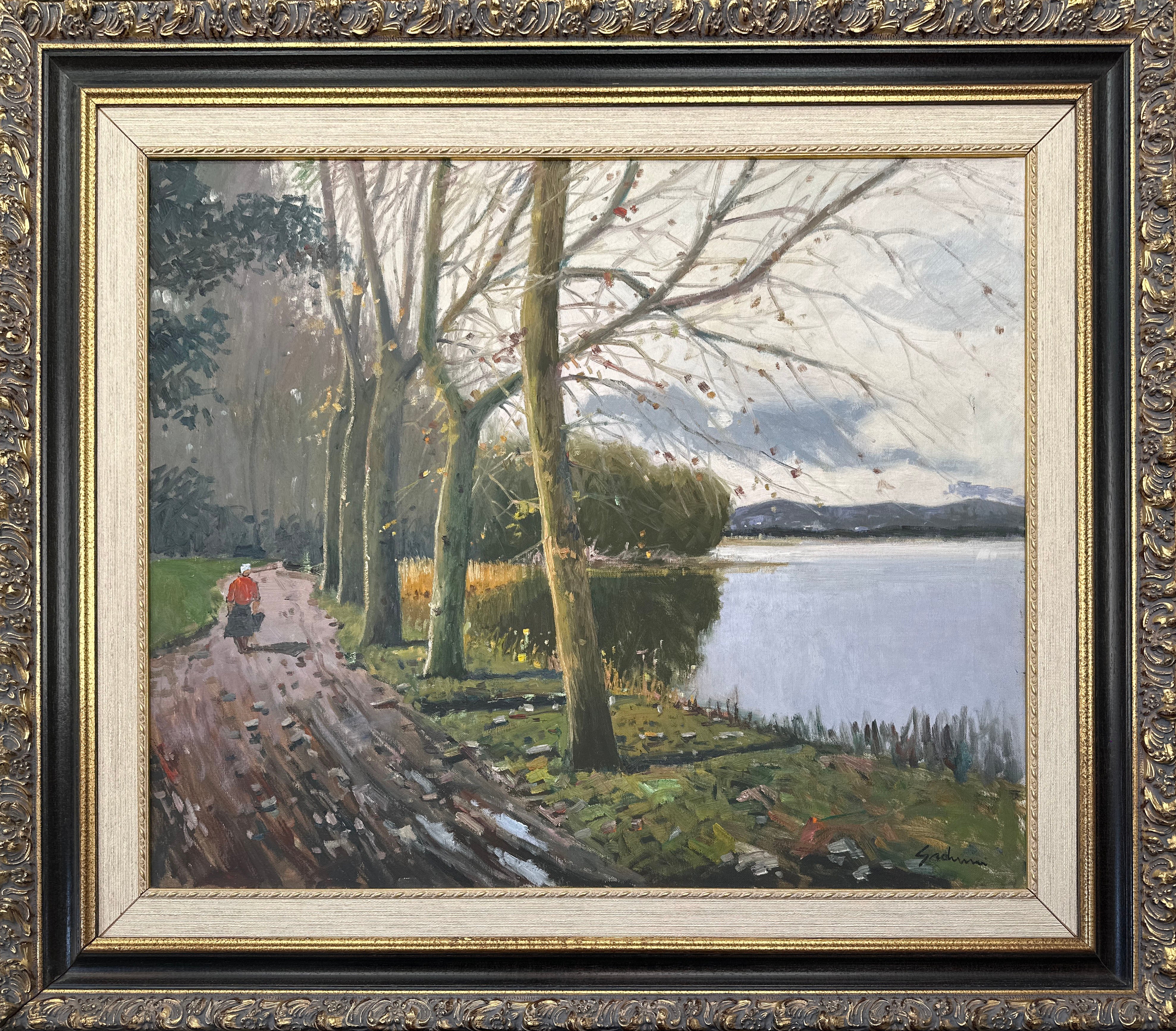 Peinture à l'huile d'un beau paysage avec un lac
