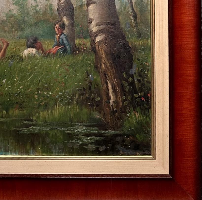 Art déco Peinture à l'huile d'un beau paysage avec deux enfants en vente