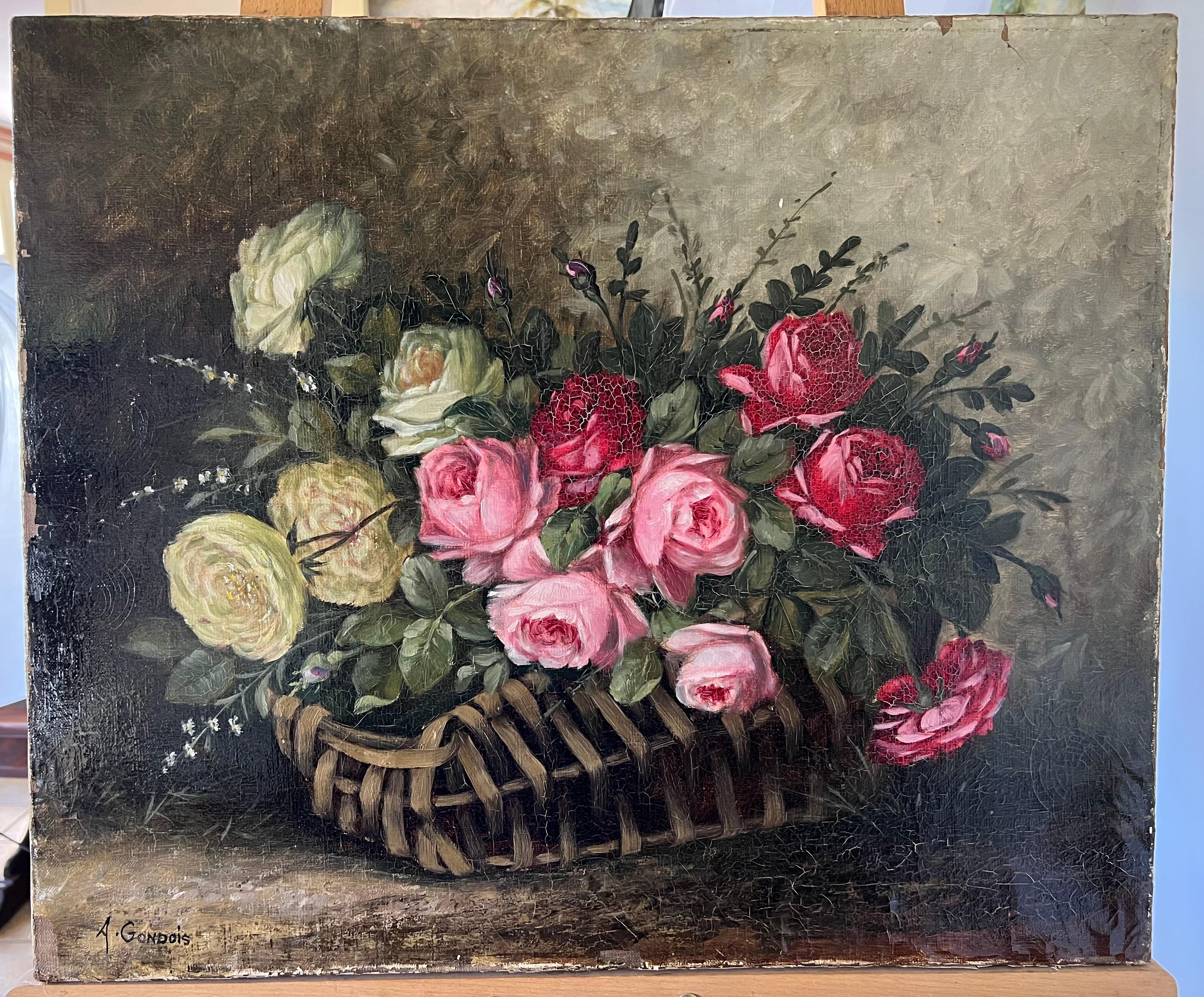 Pintura al óleo de un ramo de peonías y rosas por Auguste Gondois XIX Francés en venta