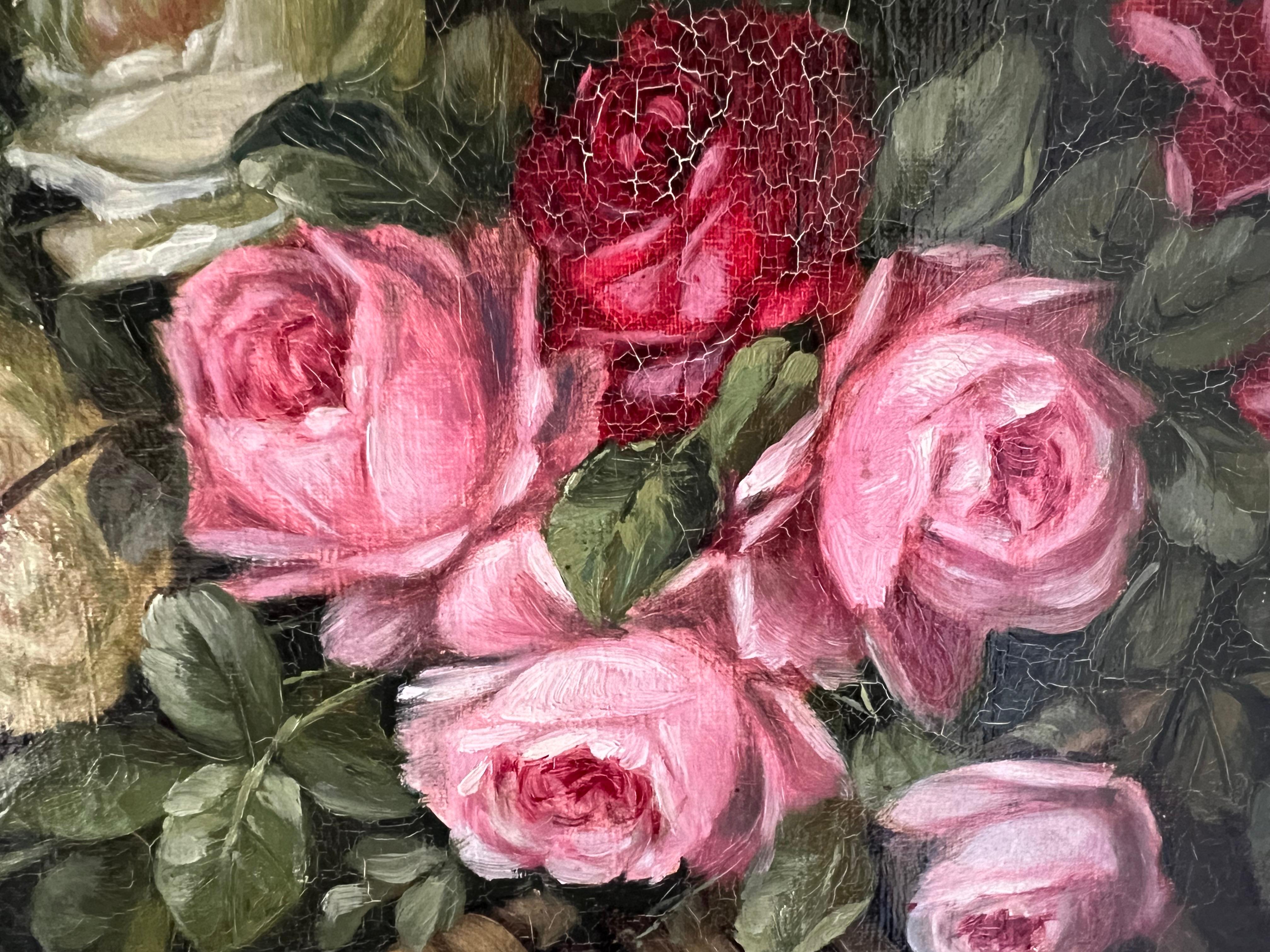 Pintura al óleo de un ramo de peonías y rosas por Auguste Gondois XIX en Bueno estado para la venta en LA FERTÉ-SOUS-JOUARRE, FR