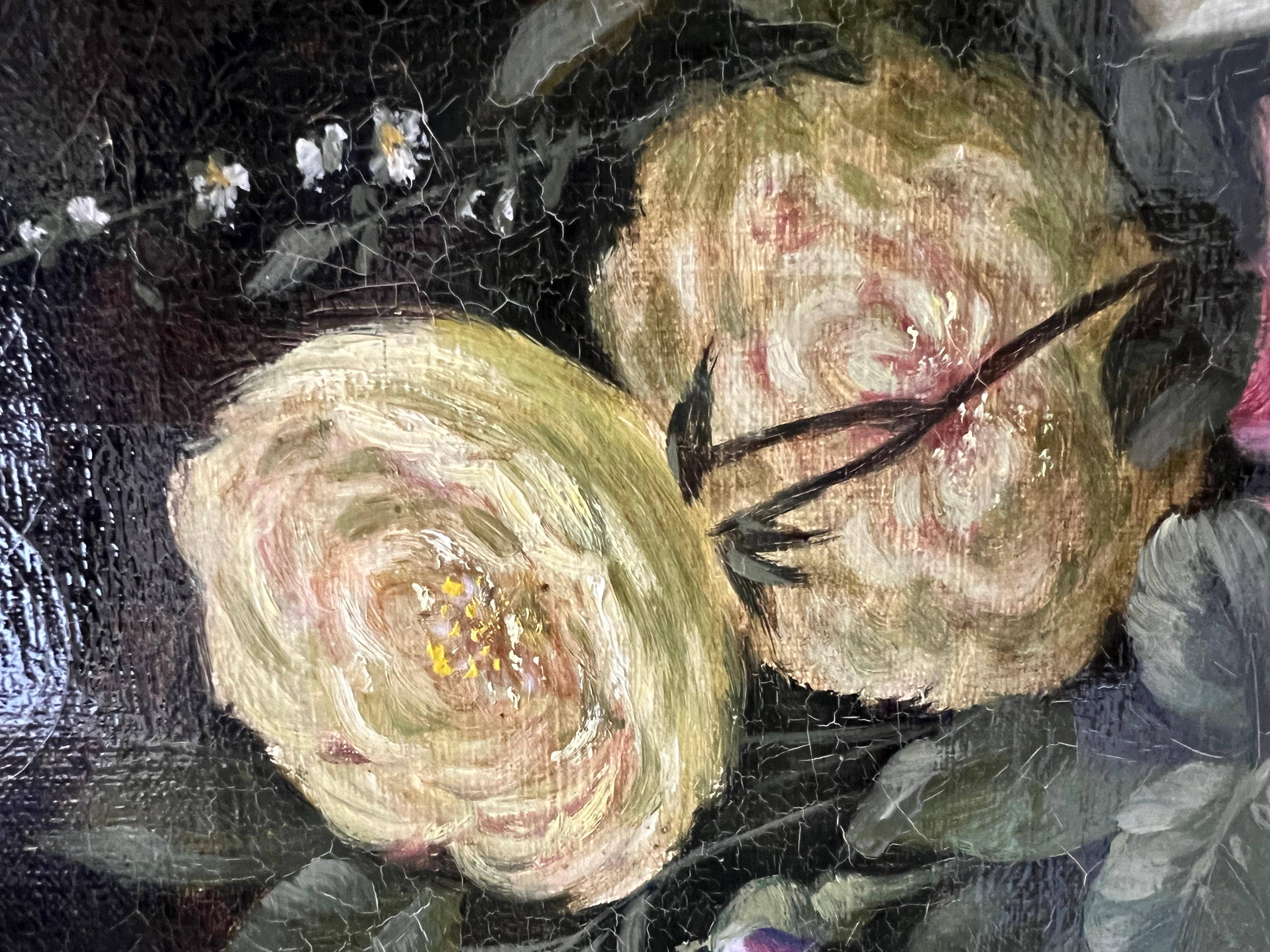 Pintura al óleo de un ramo de peonías y rosas por Auguste Gondois XIX siglo XIX en venta