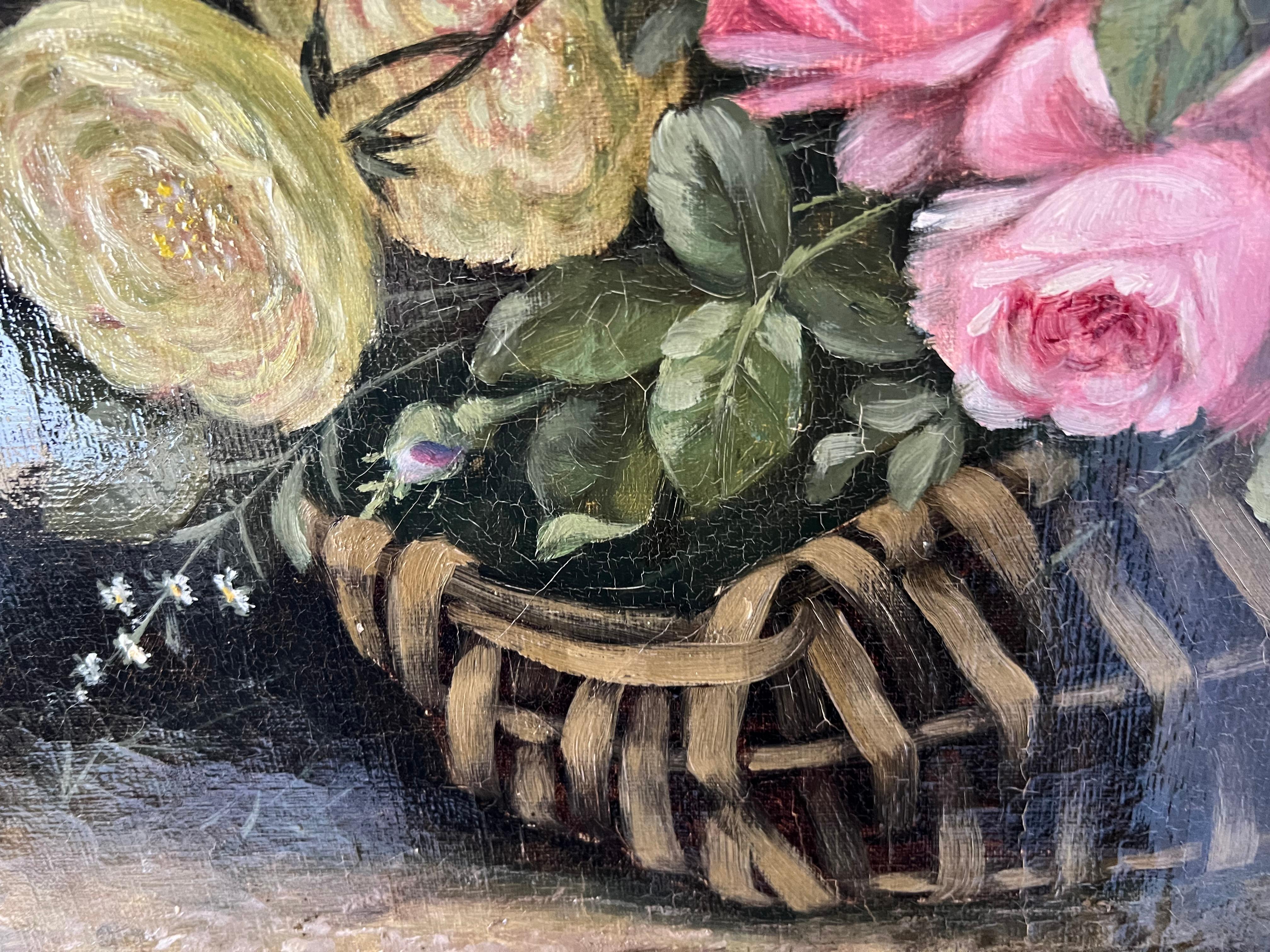 Pintura al óleo de un ramo de peonías y rosas por Auguste Gondois XIX en venta 2