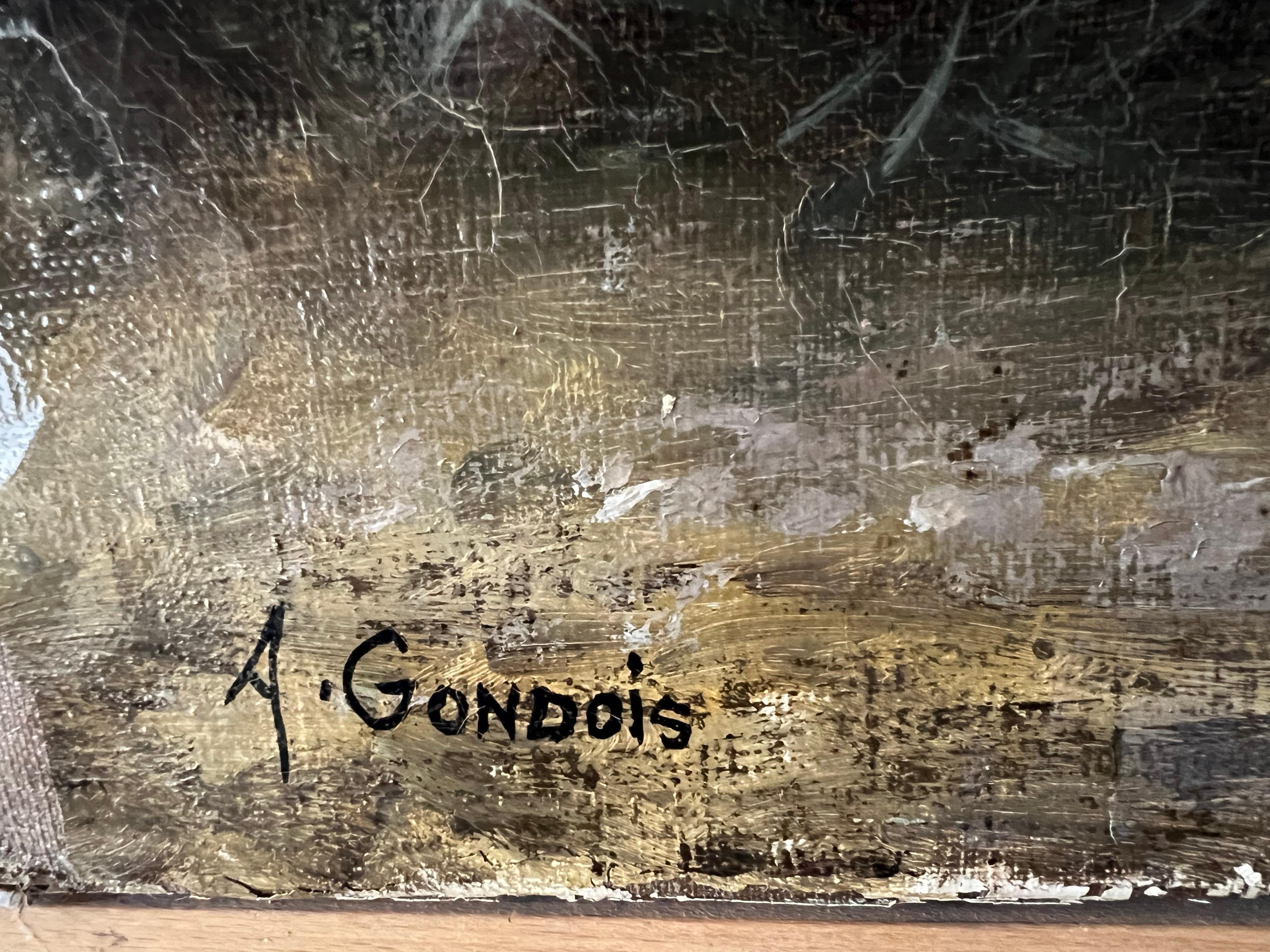 Pintura al óleo de un ramo de peonías y rosas por Auguste Gondois XIX en venta 3