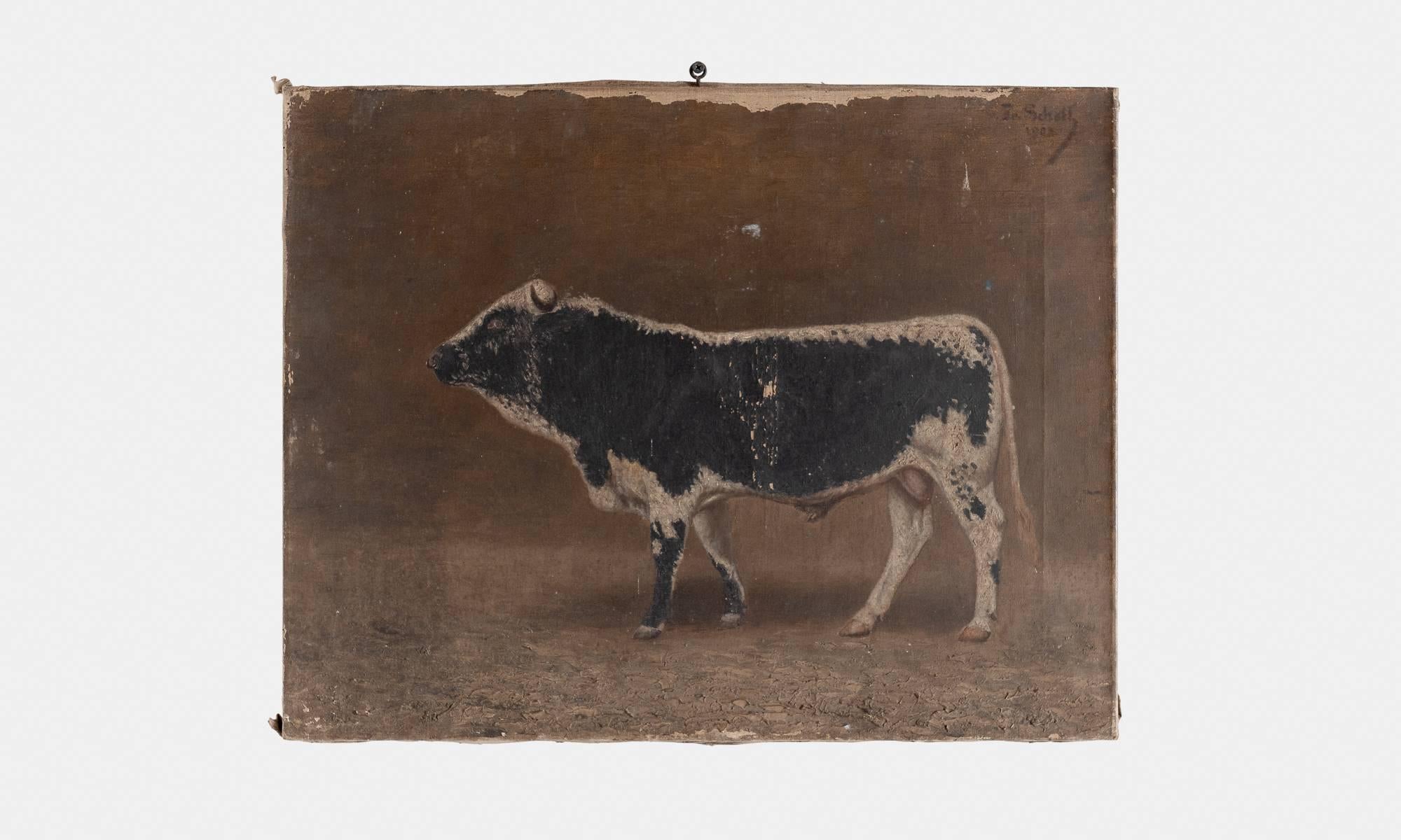 Oil painting of a bull, 1903

A handsome depiction of a bull includes a wonderful patina and a top-mounted I-hook hanger. Signed and dated 'Fr. Schell, 1903'.