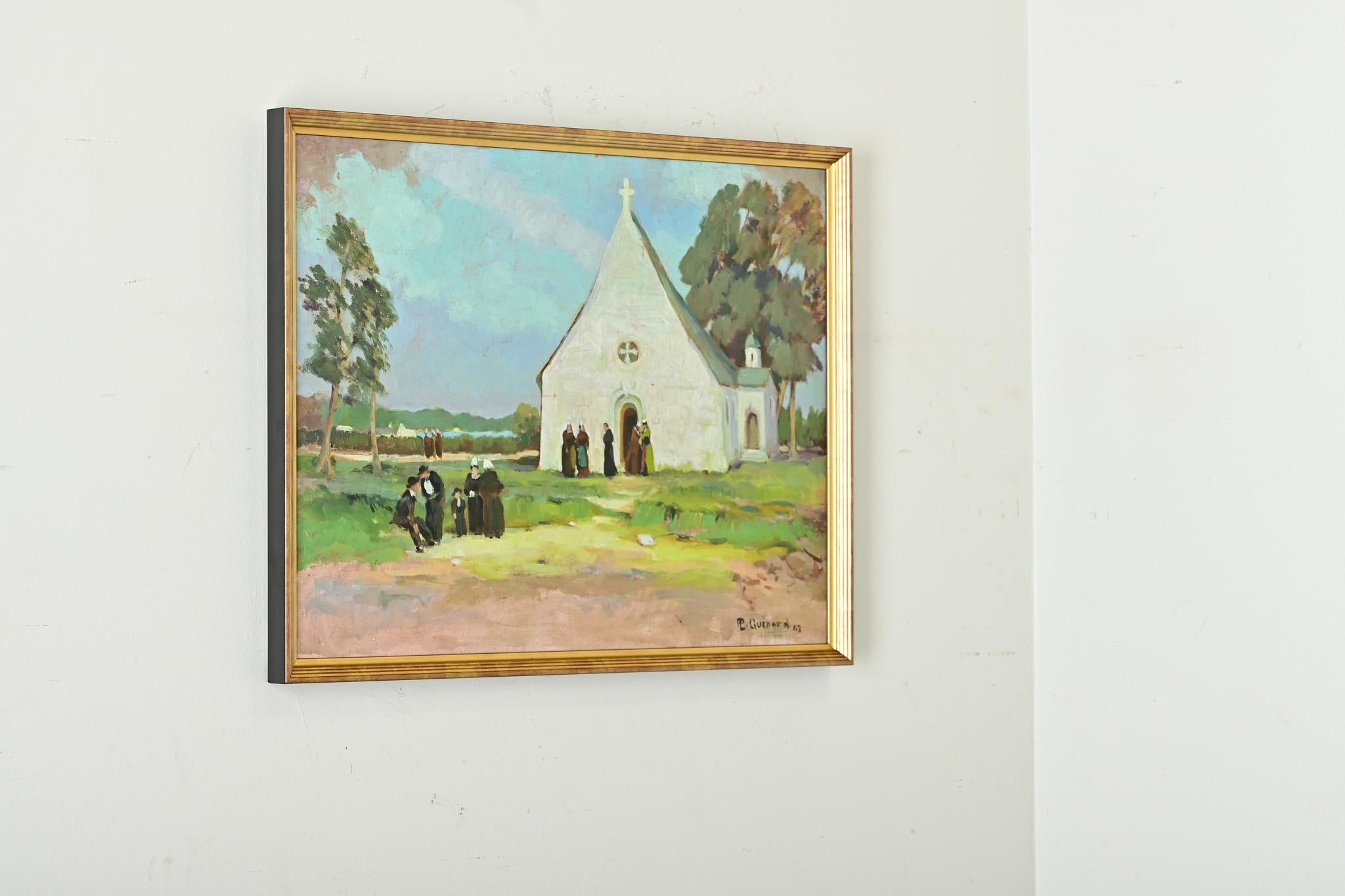 Modern Oil Painting of a Churchyard by Lucien Quenard For Sale