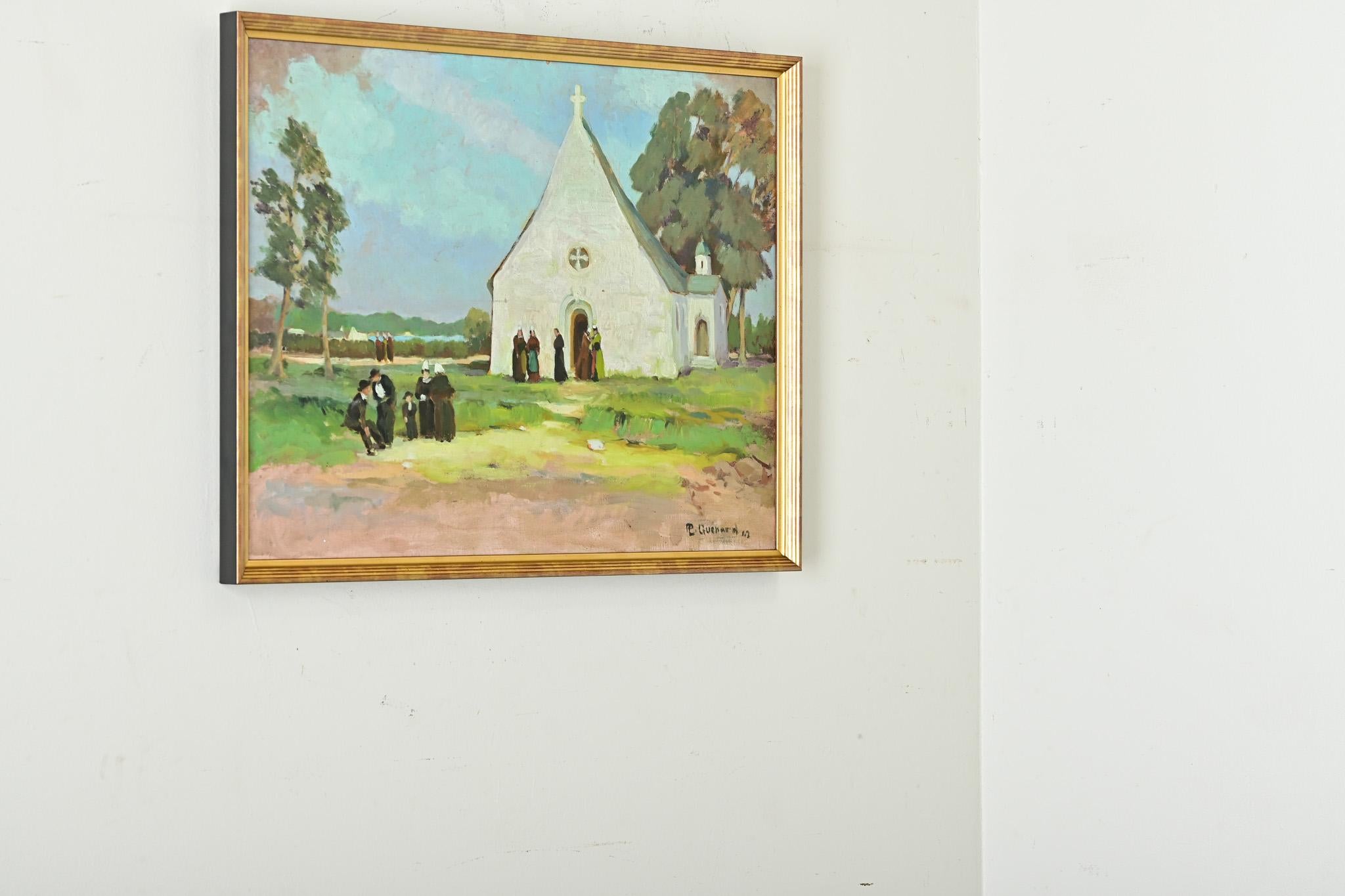French Oil Painting of a Churchyard by Lucien Quenard For Sale