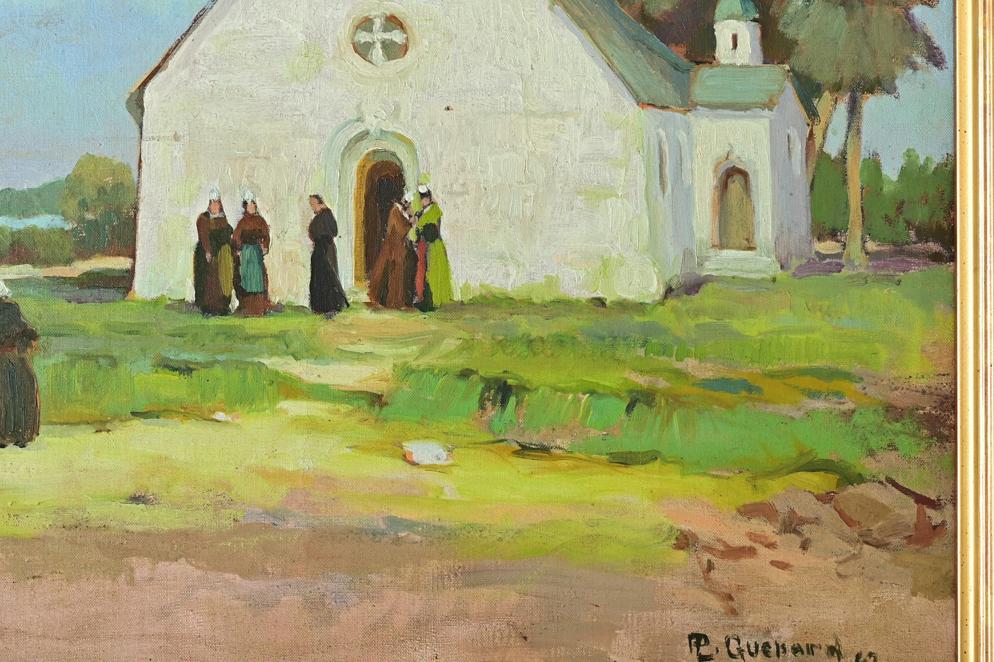 Painted Oil Painting of a Churchyard by Lucien Quenard For Sale