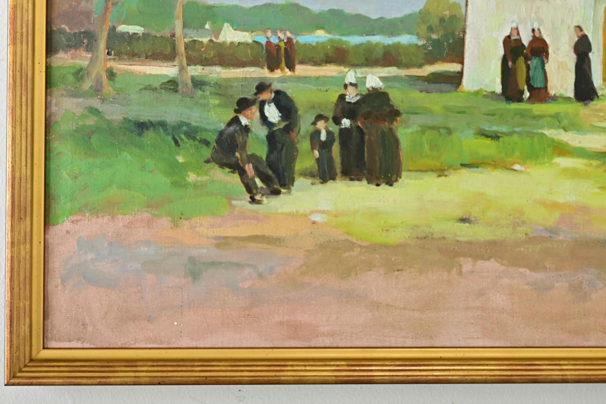 20th Century Oil Painting of a Churchyard by Lucien Quenard For Sale