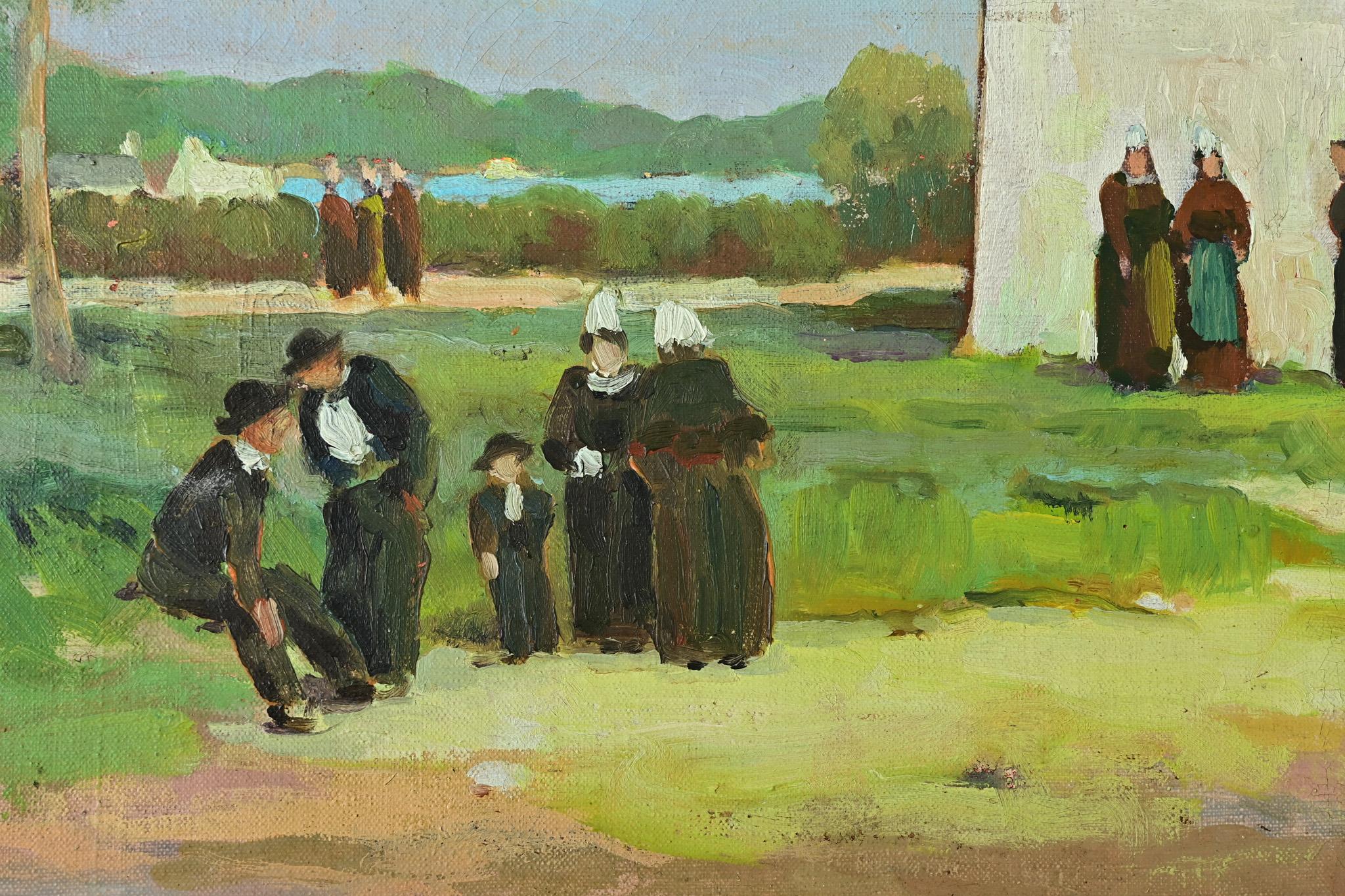 Canvas Oil Painting of a Churchyard by Lucien Quenard For Sale