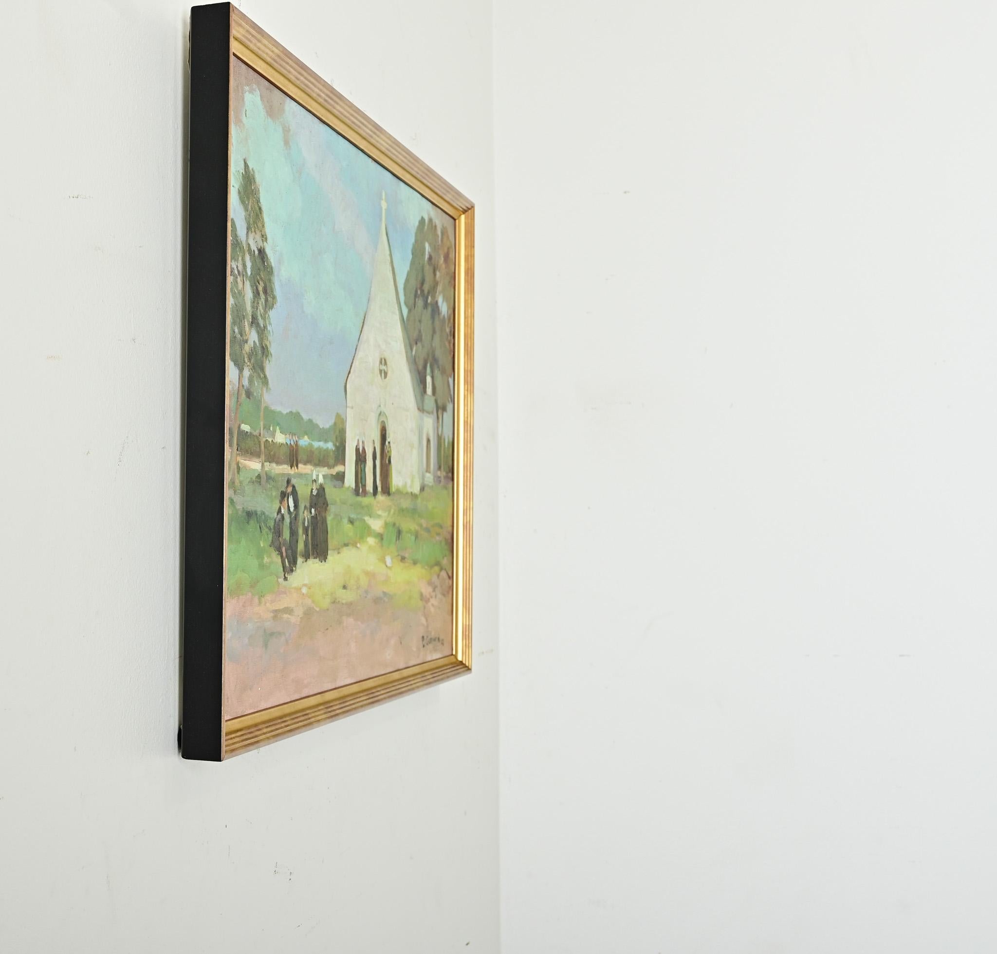 Oil Painting of a Churchyard by Lucien Quenard For Sale 1