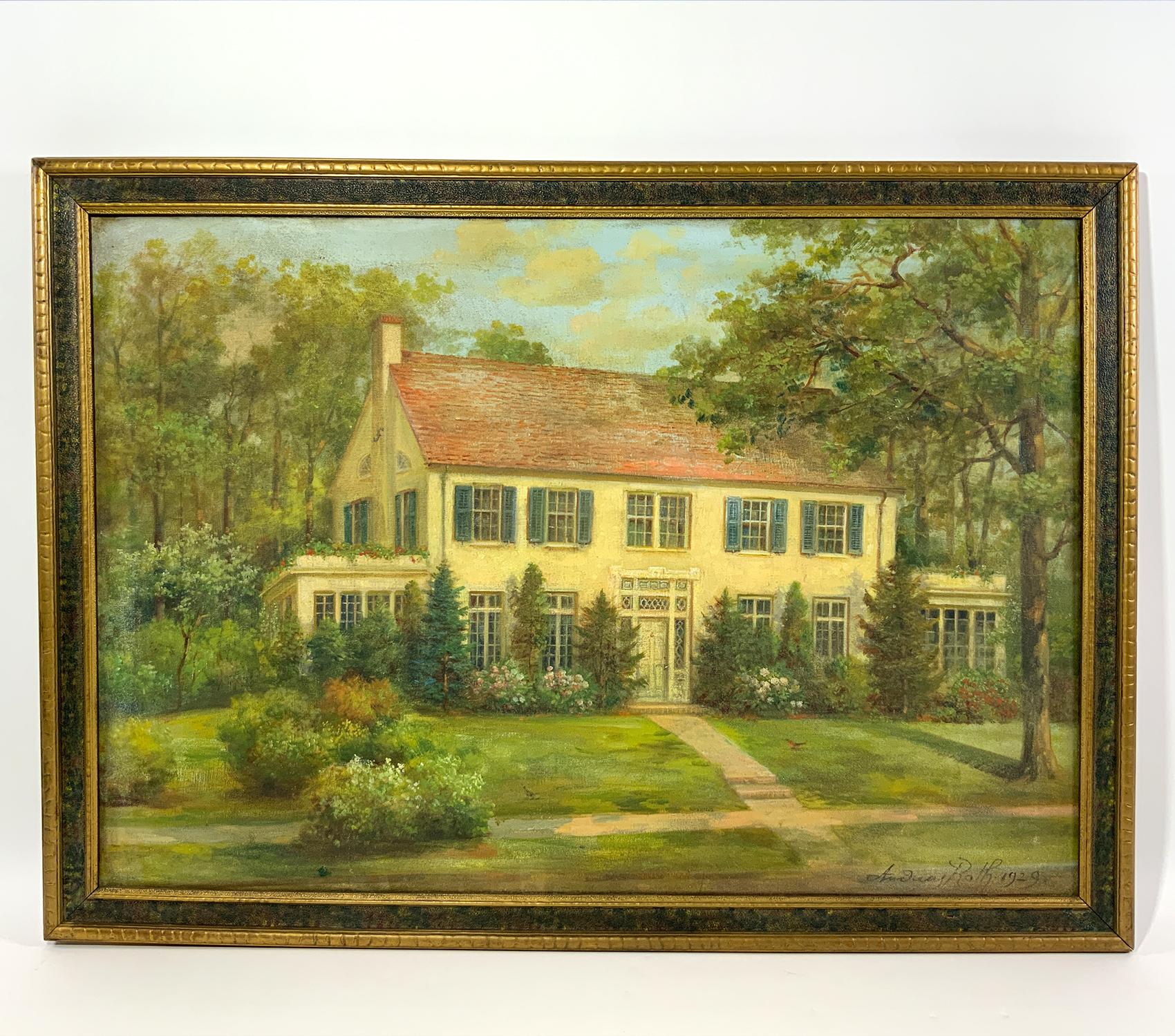 Painting of a large colonial mansion by Andreas Roth, a German American artist. Signed lower right, Andreas Roth 1929. He lived from 1871-1949. He studied at the University of Munich. Wood framed.