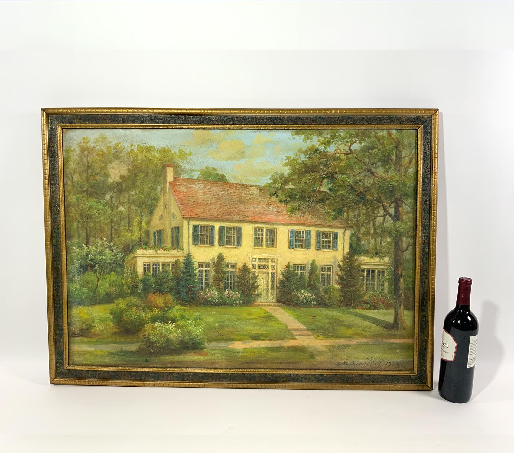 American Oil Painting Of A Colonial Home