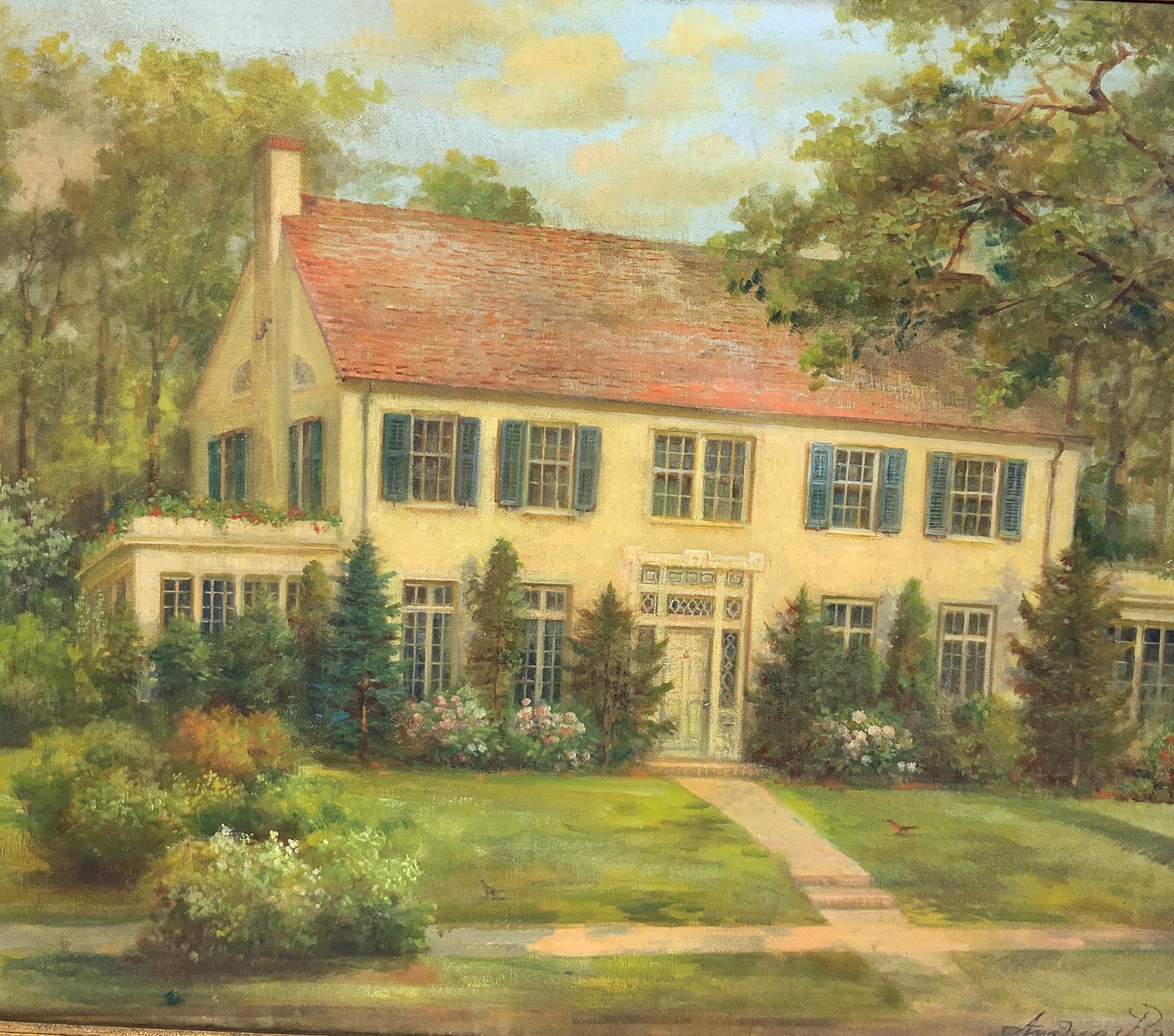 Oil Painting Of A Colonial Home In Good Condition In Norwell, MA
