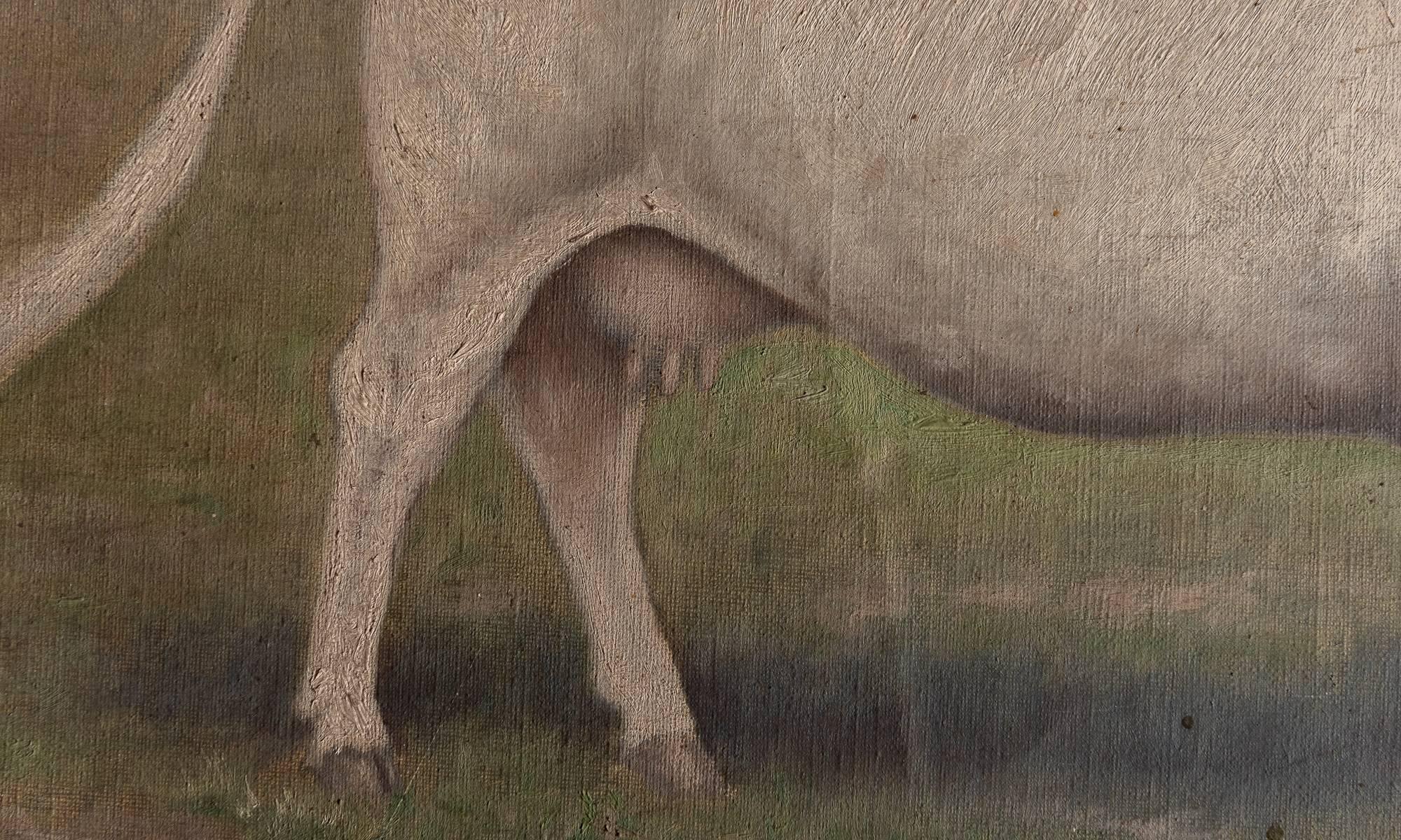 Hand-Painted Oil Painting of a Cow, 1913