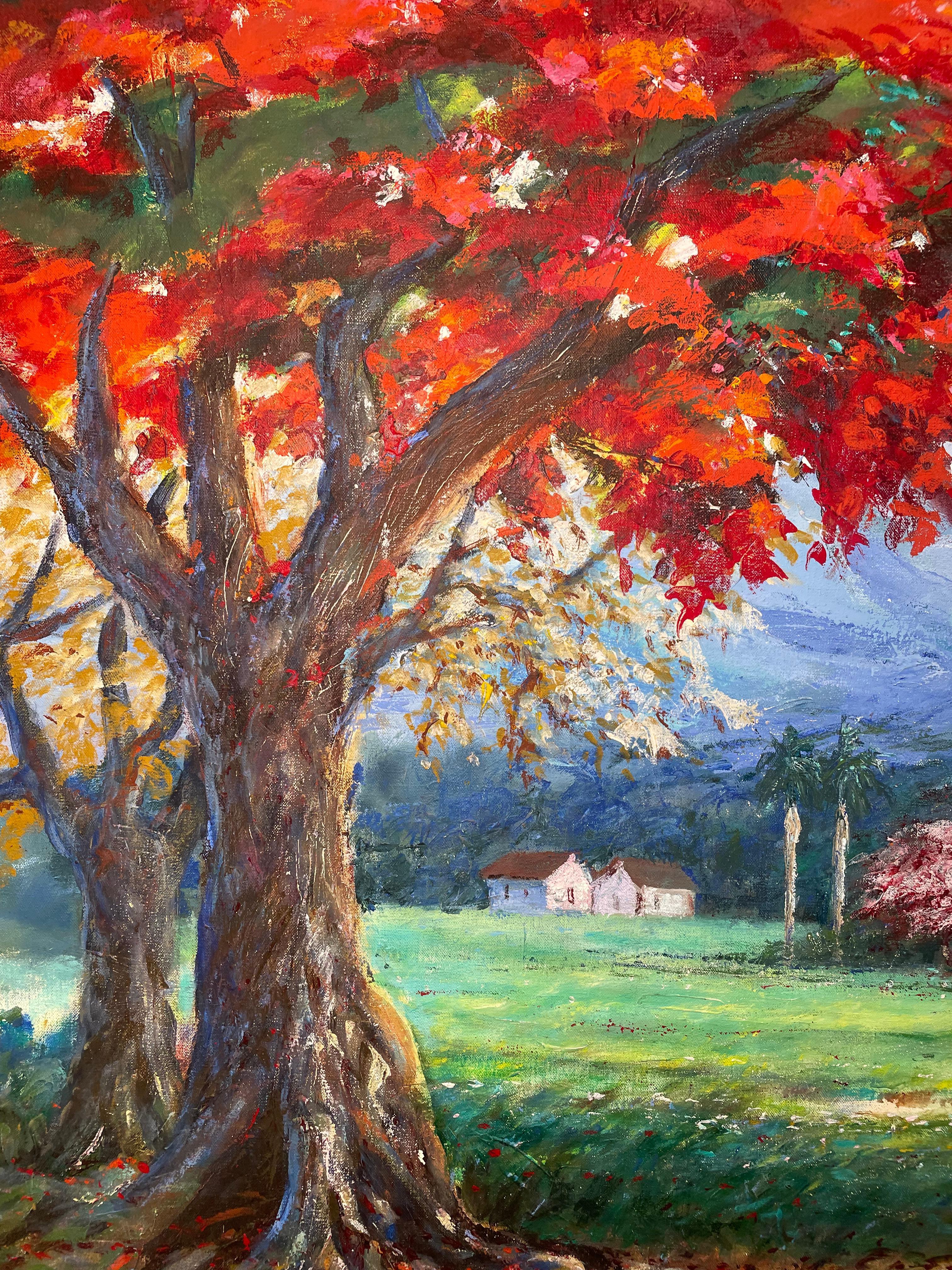 Romantico Pittura a olio di un albero fiammeggiante in vendita