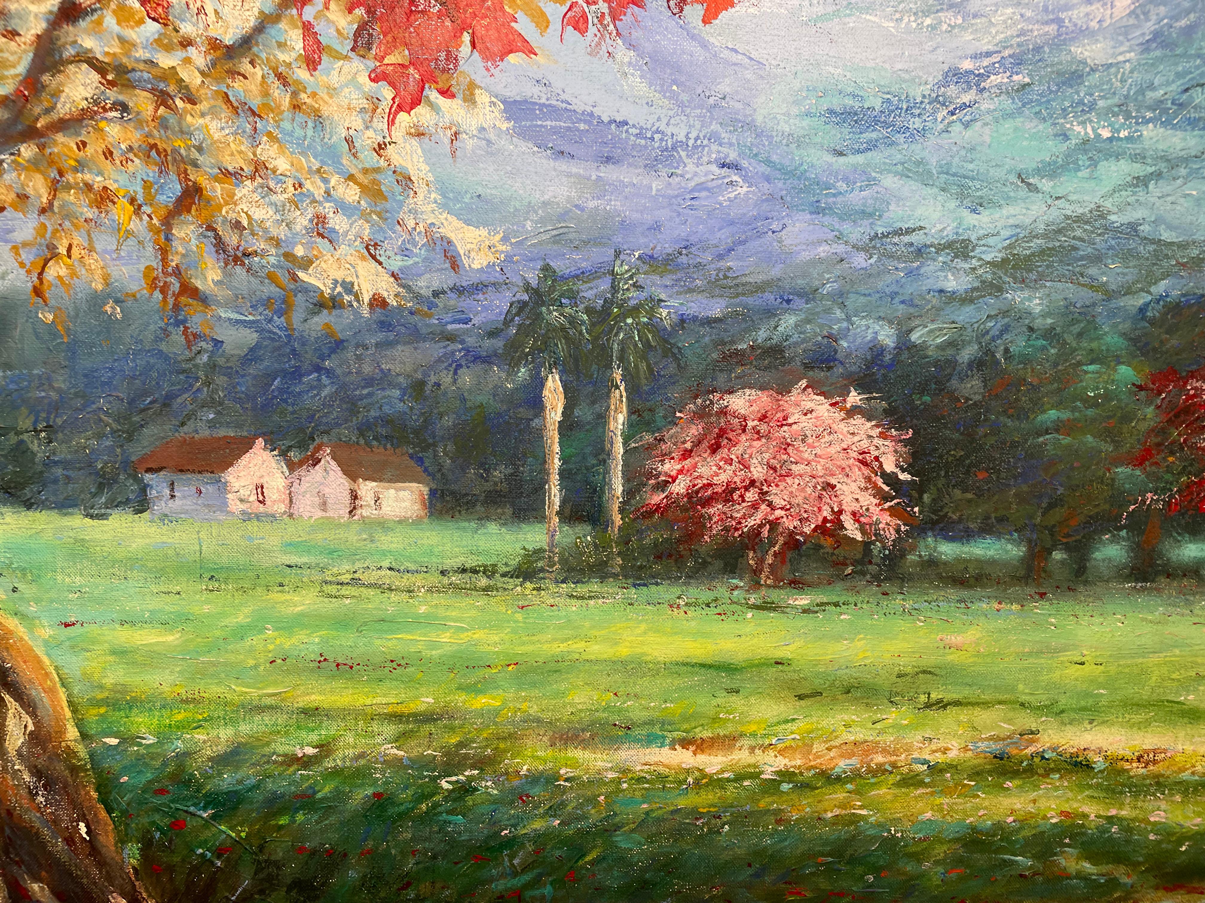 Dipinto a mano Pittura a olio di un albero fiammeggiante in vendita