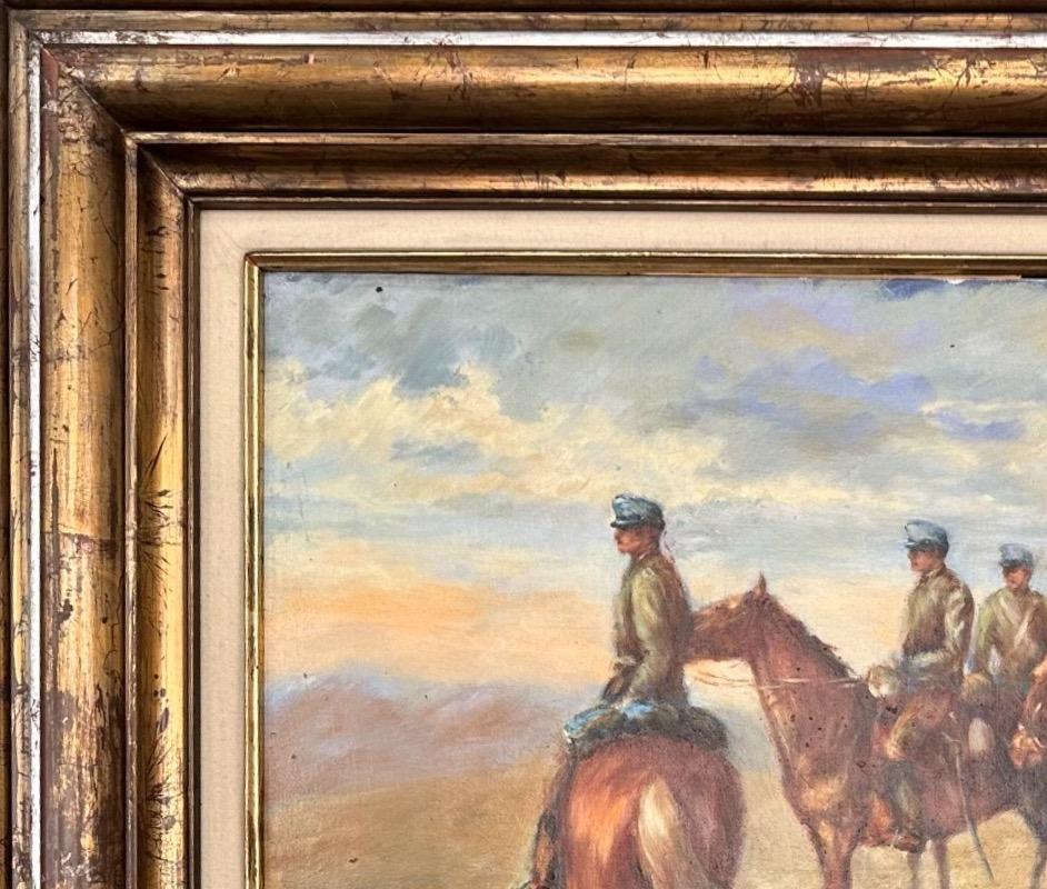 Art Deco Oil Painting of a group of strangers in the desert with their horses For Sale