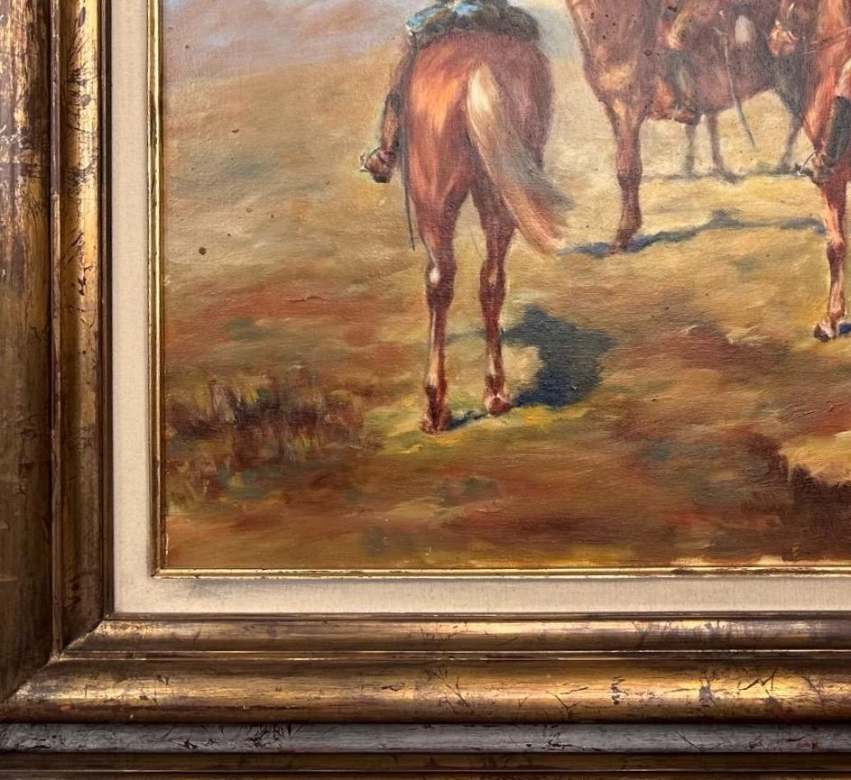 Spanish Oil Painting of a group of strangers in the desert with their horses For Sale