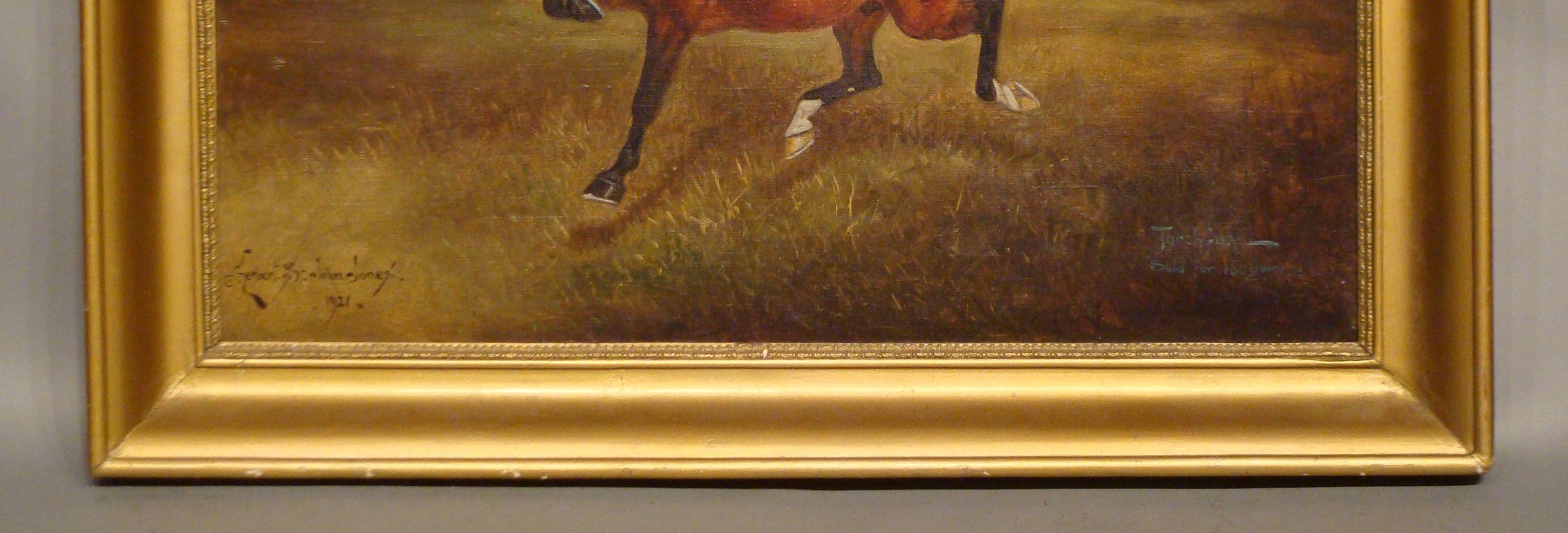 Oil painting of a horse by Herbert St John Jones. A Hackney pony gelding. Signed and dated 1921.

Measures: Height 58 cm (23?), width 73 cm (29?), depth 5 cm (2?)

Oil painting of a horse by Herbert St John Jones. Painting is signed and dated