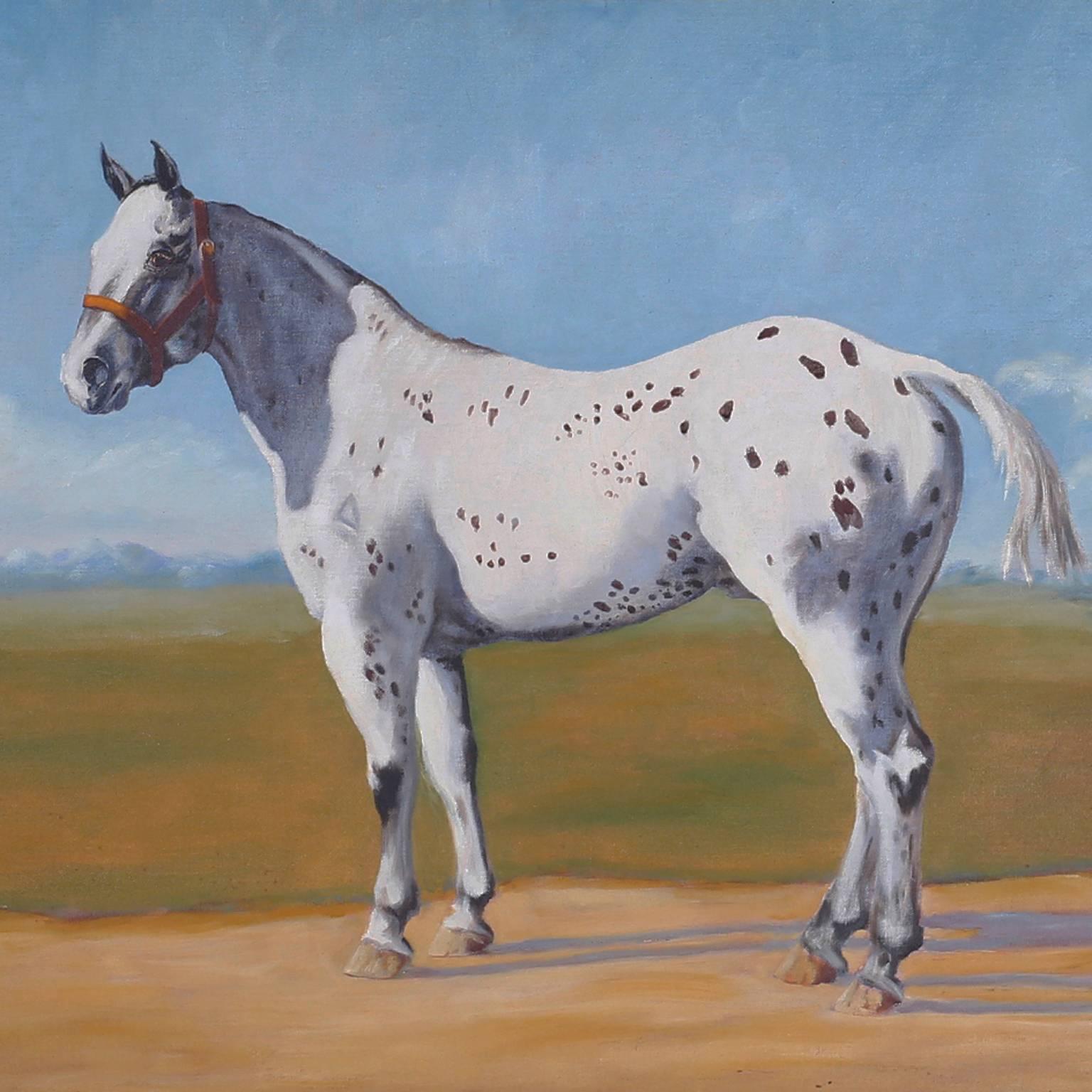 Oil painting of a horse or appaloosa against a blue sky and western landscape. Expertly painted in a bold modern style. This painting is of famed reference Appaloosa sire Joker B., and was painted directly from a photograph taken of him. Note, the