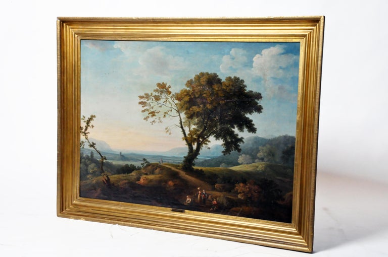 Depicting an Italian scene; likely 18th century. The painter is unknown but likely Flemish. The canvas is in good overall good condition, now mounted on a hardboard backing. The composition is striking –an early summer evening or morning scene with