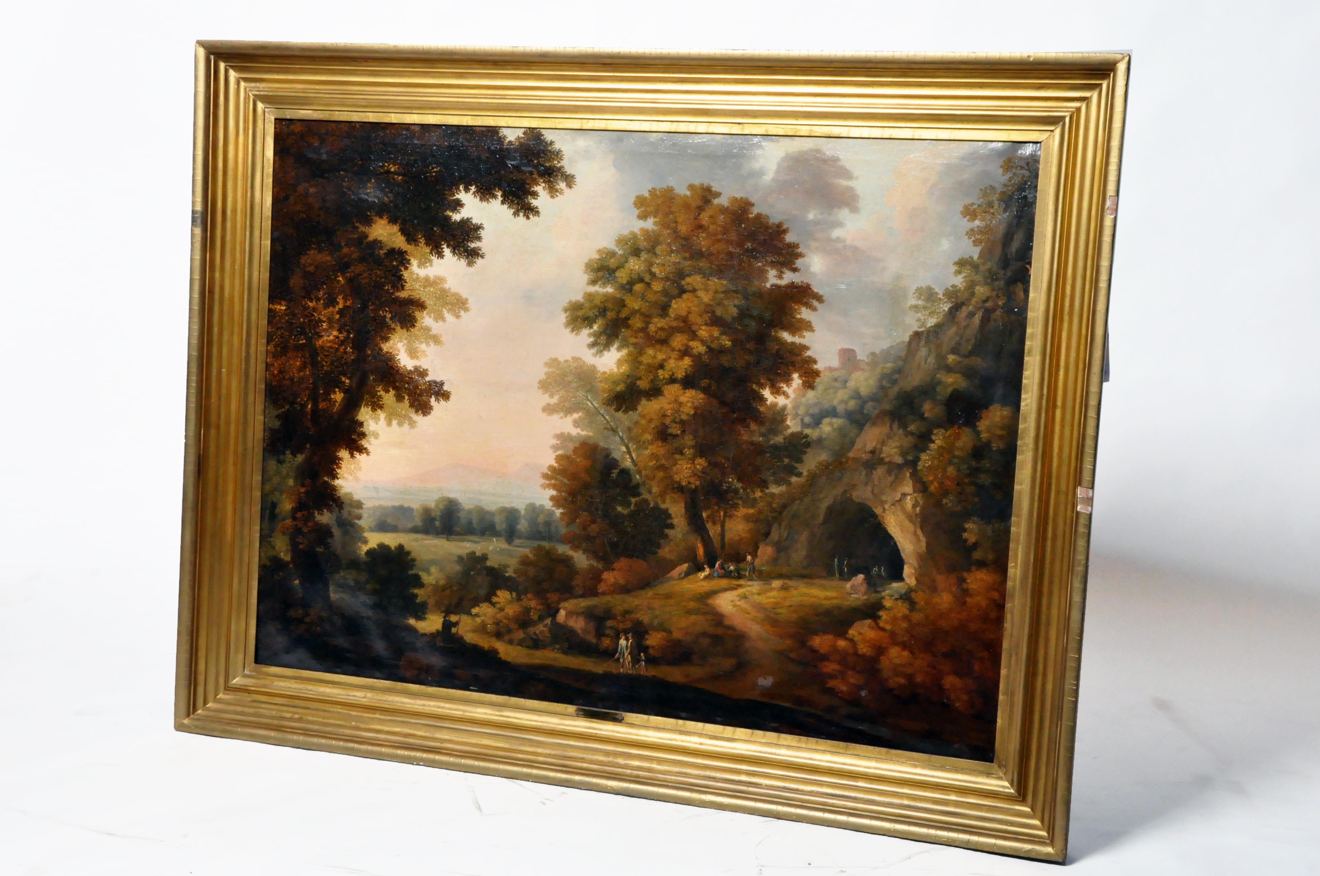 Depicting an Italian scene; likely 18th century. The painter is unknown but likely Flemish. The canvas is in good overall good condition, with its original stretcher intact. There are significant repairs made at different times. The painting depicts