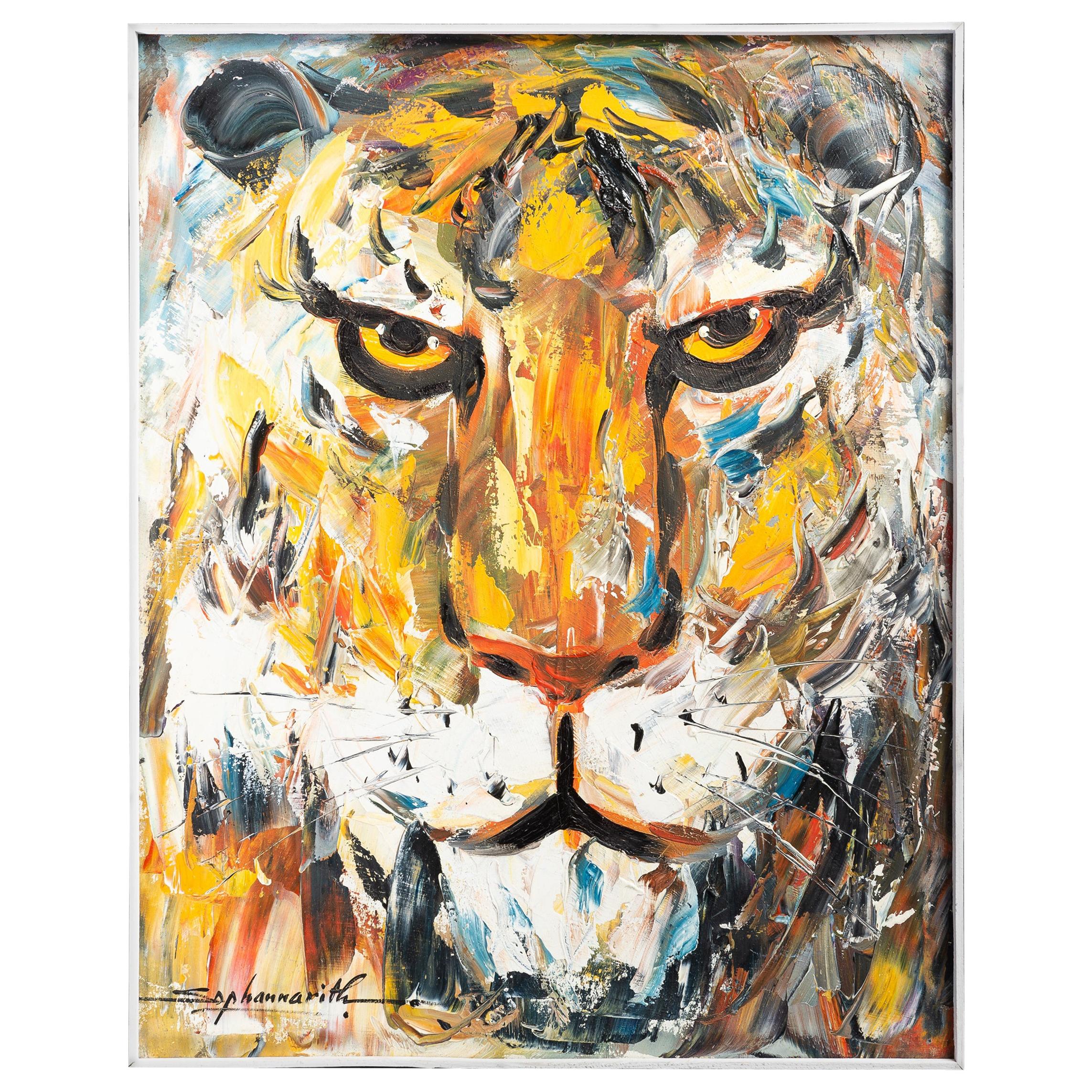 Oil Painting of a Lion by Sophannarith, Cambodia, 20th Century For Sale