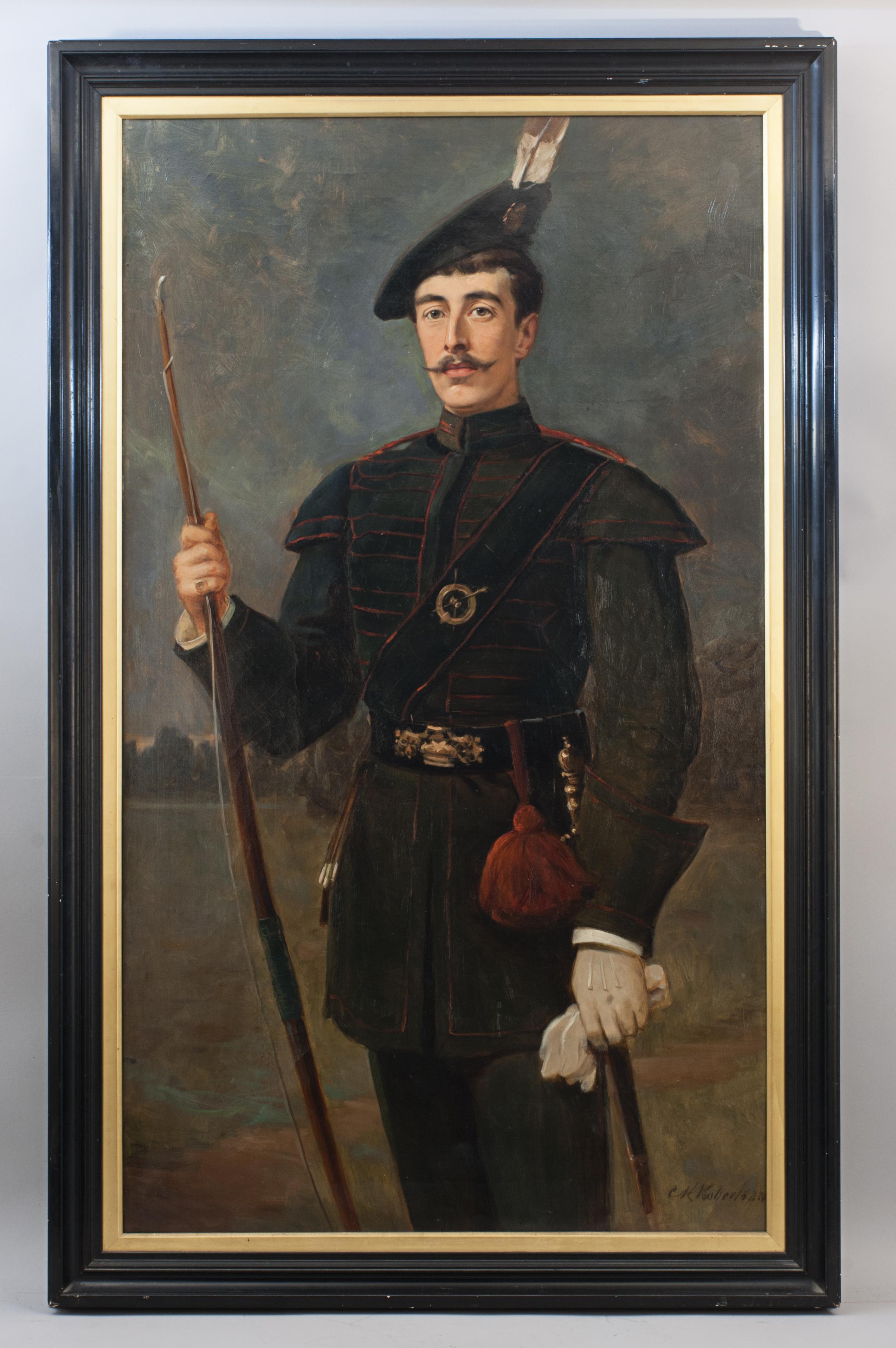 Oil on canvas of an Archer with Long Bow.
An impressive, large framed portrait of a member of 'The Royal Company Of Archers' by the Scottish painter Charles Kay Robertson (1860 - 1939). The oil is signed in the bottom right-hand corner, C K