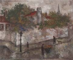 Pittura a olio di una scena di strada parigina di Isaac Lichtenstein. Datato 1924