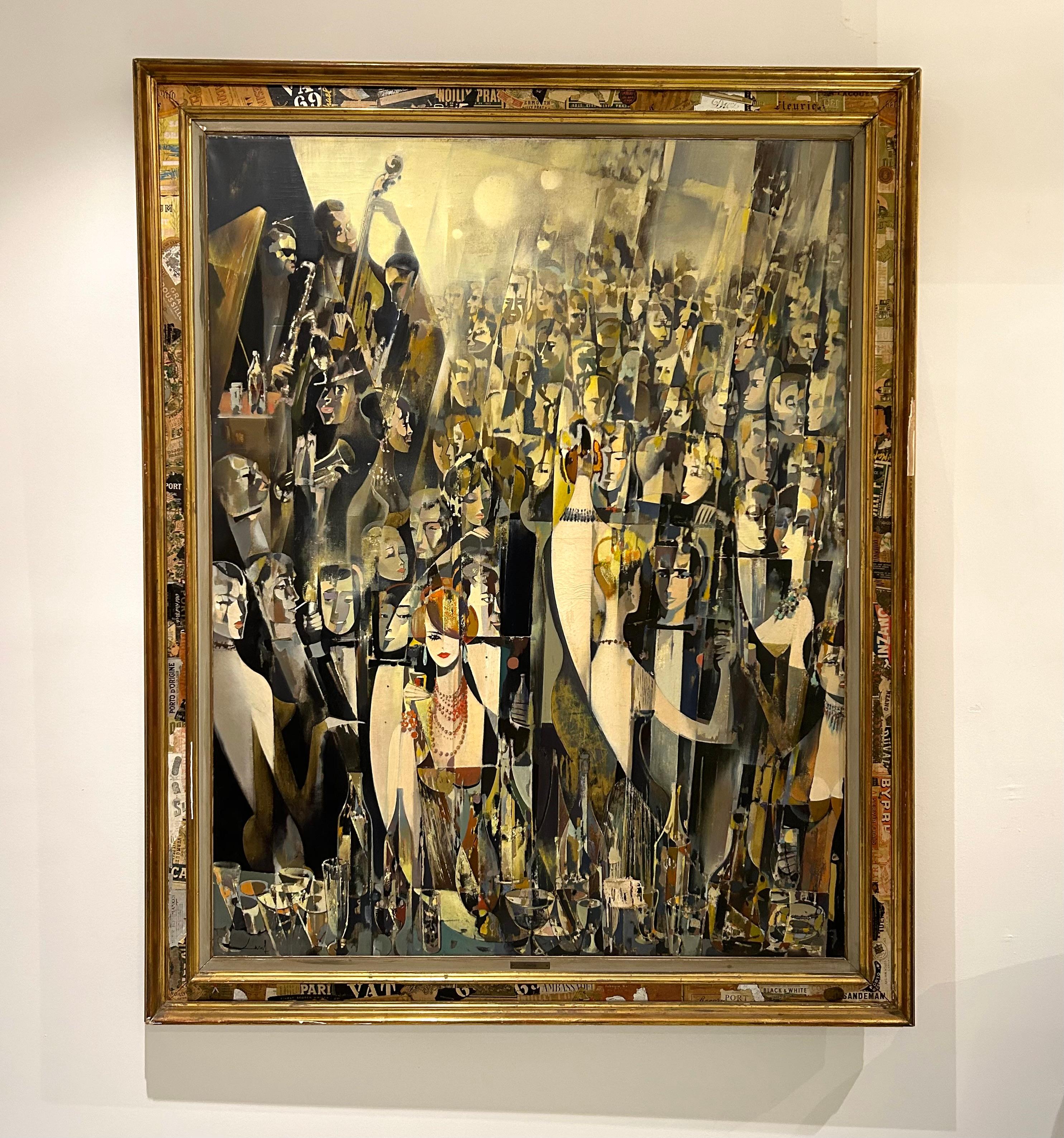 Peinture à l'huile figurative encadrée du peintre français Jean-Théobald Jacus représentant une scène de soirée élégamment dynamique avec des danseurs, des musiciens et des fêtards, peinte dans un style cubiste Art déco. Le cadre doré de la peinture