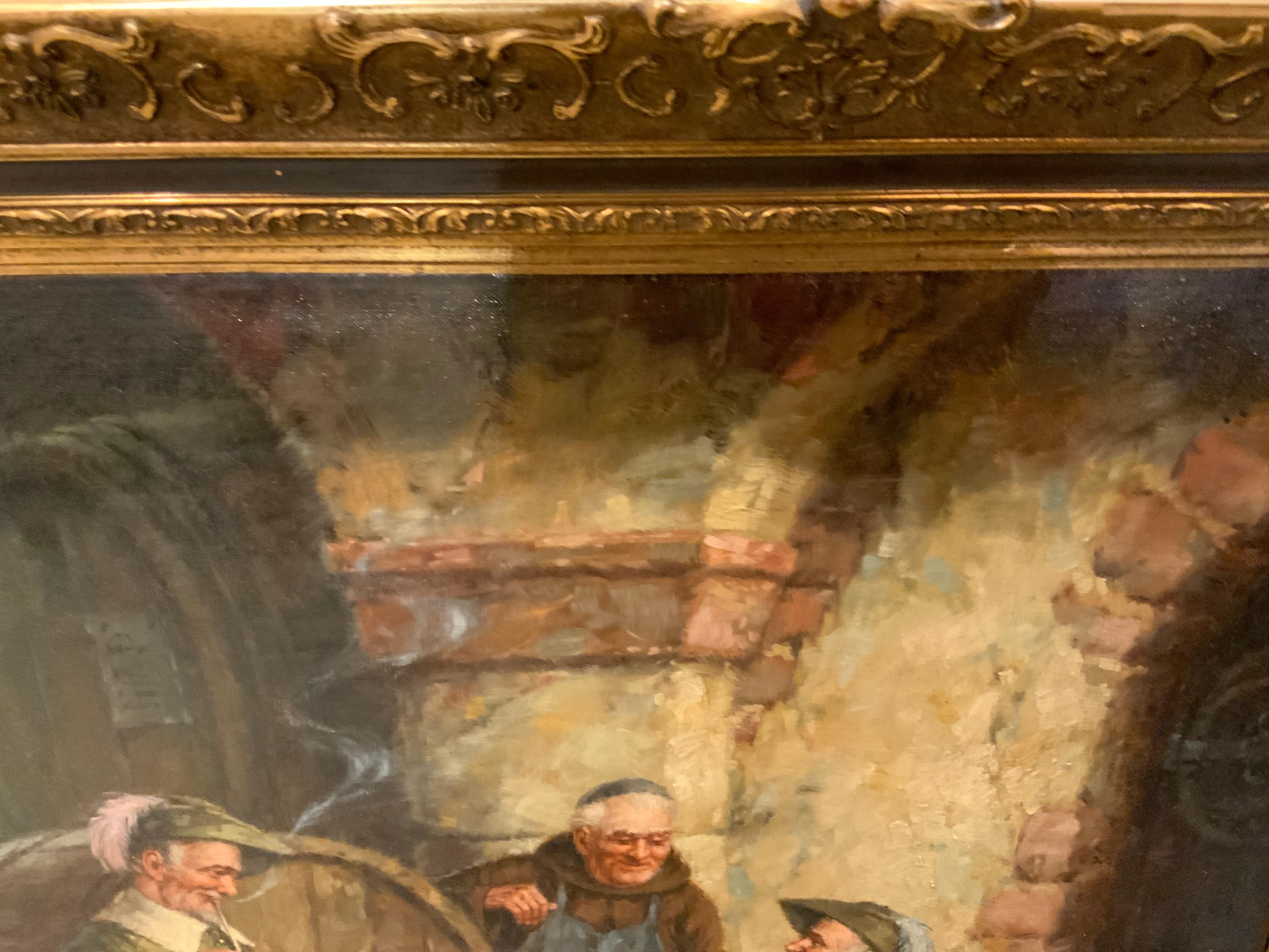 Oil painting of a tavern scene by Hein Van Doren In Excellent Condition For Sale In Houston, TX