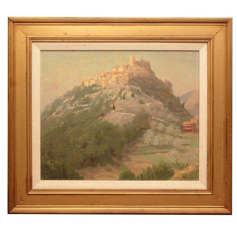 Oil Painting of  a Walled Hill Top European City For Sale