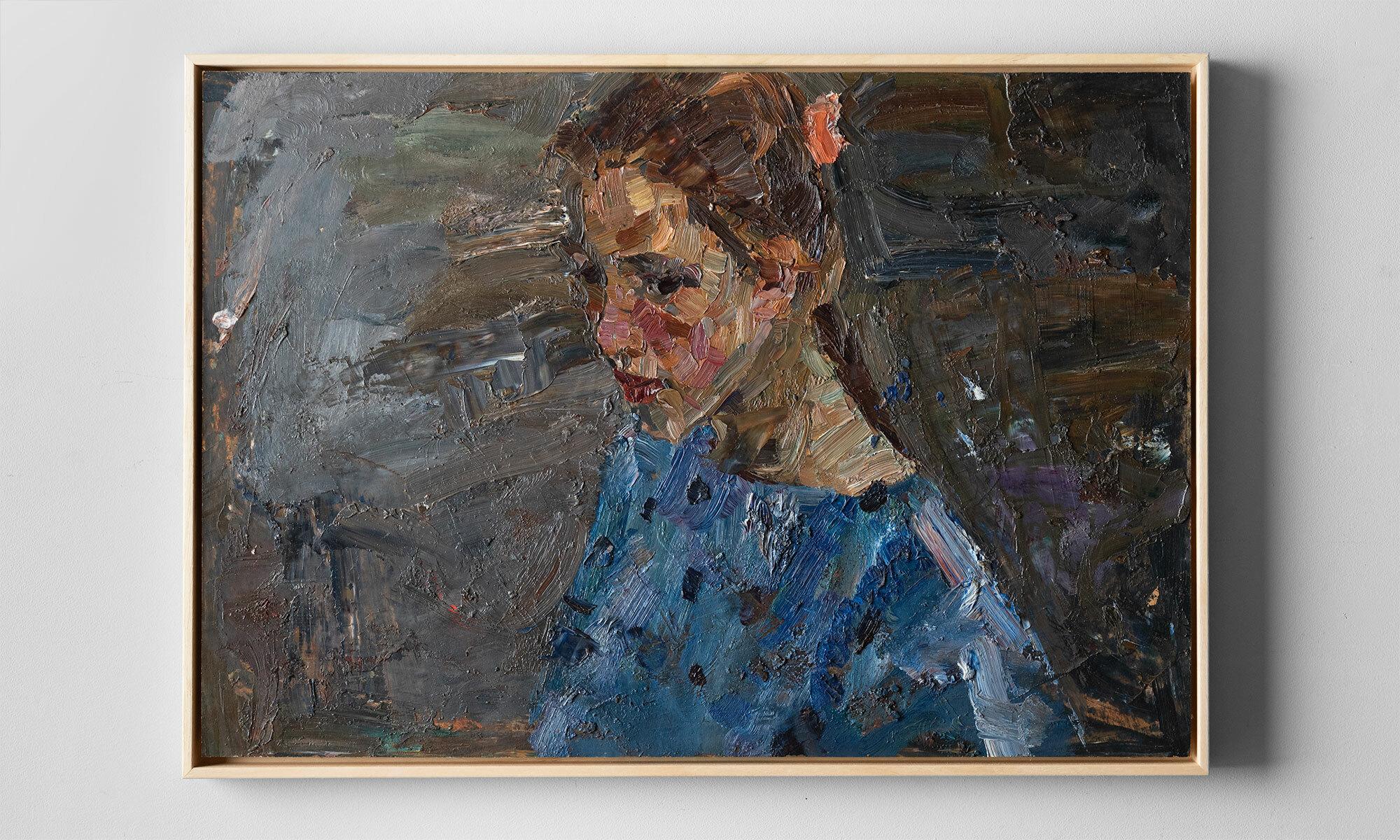 Oil painting of a young girl, England, circa 1950

Oil on board by unknown artist includes custom pine frame which showcases a painting study on the back.